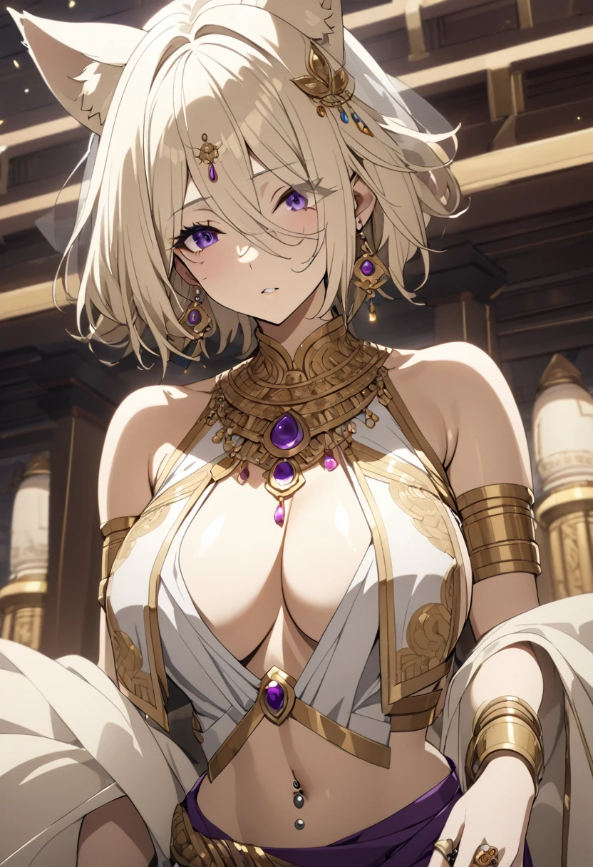 1 girl,short hair,blonde hair,purple eyes,cat ears,big breast,tall woman,full display of temple jewelry, a pair of earrings, necklace, bangles, navel piercing, ring, maang tikka highly detailed vray render, flash, high quality, 18k,, long hair, multicolored dress, hair ornament, golden embroidery, ancient indian, midriff peek, waist jewelry, (nose pin), armlet with golden chains, (close-up), golden shawl with intricate leaf embroidery, embroidered dress, (kamarband:1.1), veil over eyes,best quality,
