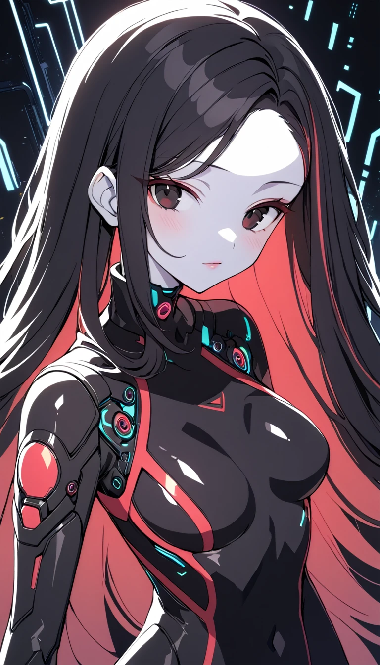 1 Girl, Medium Breasts, Raven Black Hair, Light Red Highlights In Hair, Straight Hair Style, Long Hair, Light Red And Black Eyes, Pale Skin, Smooth Skin, Soft Features, Nice Lips, Cute Face, Cyberpunk Bodysuit, Bio mechanical Body 