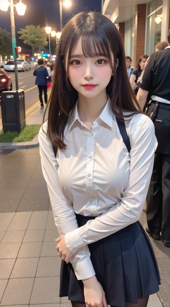 8K,Best Quality, masutepiece, ultra-detailliert, 超A high resolution, Photorealistic, Raw photo, absurderes, absolutely resolution, 1girl in, upperbody shot, Looking at Viewer,a Japanese young pretty woman, hyper cute face, Glamorous figure, Large breasts,Long bob hair,Smile,(School uniform:1.3),Beautiful eyes,(Windy:1.3), Walking down a crowded road with a smile,Glossy lips, Double eyelids in both eyes, Natural makeup, long eyelashes, Glossy smooth light brown long bob hair, asymmetrical bangs, Shiny skin, central image, High resolution, high detailing, detailed hairstyle, Detailed face, spectacular movie lighting, Octane Rendering, Vibrant, Hyper realistic, Perfect limbs, Perfect Anatomy
