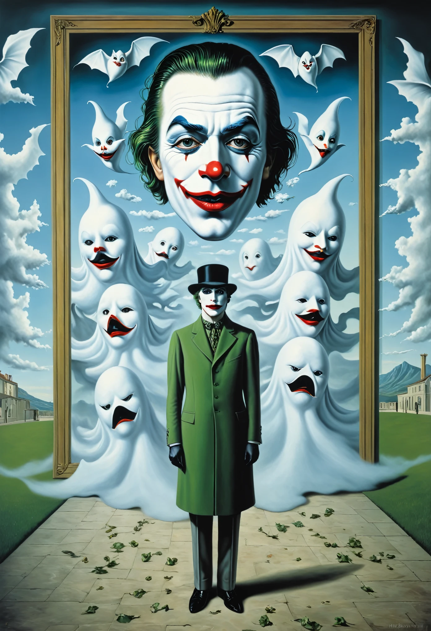 joker with ghosts  - surrealist style, surrealist artwrok, dream like, Salvador Dali style, Rene Magritte style, highly detailed, masterpiece, painting-like, HD