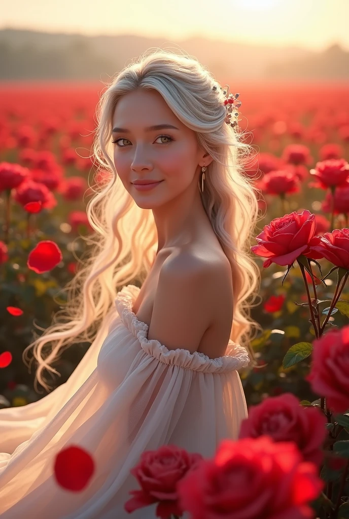 Vista, Panorama, Perspective, Depth of Field, Bust, Upper Body, Cinematic Angle, Masterpiece, Best Quality, Ultra Detailed, CG, 8K Wallpaper, Beautiful Face, Delicate Eyes, A Maiden, Solo, Smile, Silver Hair, Golden Eyes, Fair Skin, Hair Strands, Red Scarf, White Evening Dress, Rose Field, Red Flowers, Roses, Flower Field, Petals, Flying Petals, Smiling