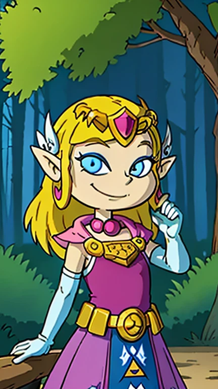 (Teens:1girl: toon zelda), (extremely detailed CG unit 8k wallpaper),(master part), (best quality), (ultra detail), (best illustration),(digital art), standing, neutral pose, cowboy shot, (Sharp eyeliner, ombre, detailed eyes:1), forest, outdoor, ,break , (Rugrats + All Grown Up style), upper body, (smile, gloves, dress, jewelry, elbow gloves, belt, blue eyes, tiara,  looking at viewer, hands in back