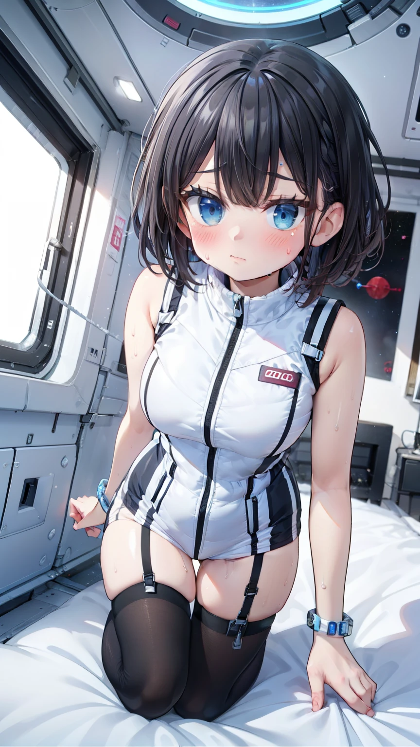 (Best Quality), (masterpiece), 1080P, High resolution, 4K, 8k, Inside the space station、Futuristic room、Thigh straps, Shooting from directly below, The woman on top of me, 白いsweat, Covered , sweat, Woman looking down, Skirt swimsuit, Thigh-high socks, To achieve this, , , whole body, Black leather shoes, Braided Hair, Inner Color, Embarrassed face, Short black hair, bracelet, bedroom,astrovest
