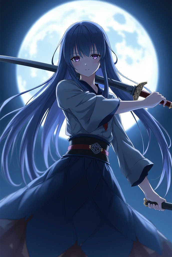 Masterpiece, best quality, night, hills, clouds, full moon, long hair, woman, silhouette, firefly, holding a sword, Hanfu, wearing a long Hanfu, cicadas,