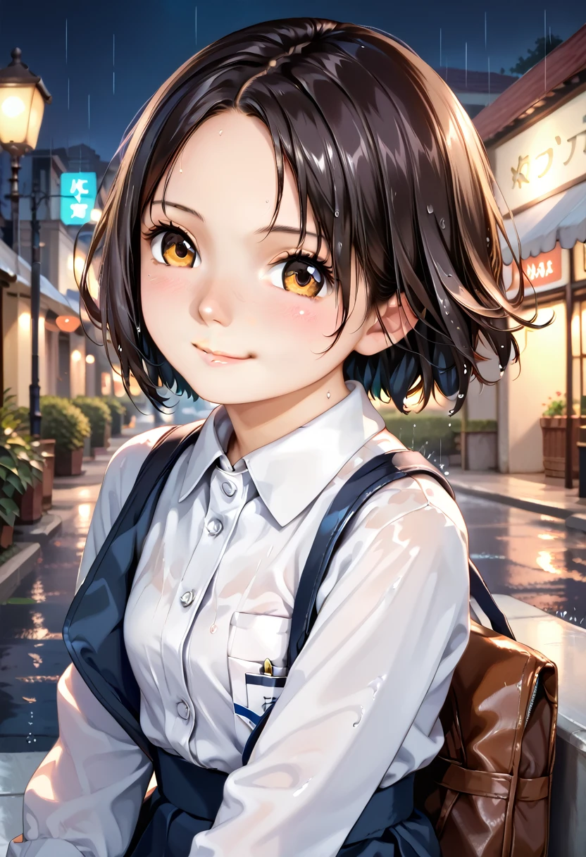 score_9, score_8_up, score_7_up, source_anime, 1girl, (8k, Best Quality, Masterpiece: 1.2), (Realistic, Photorealistic: 1.37), Super Detailed, 1 Girl, Cute, Alone, Beautiful Detailed Sky, Detailed Cafe, Night, Sitting, Date, ( Nose blush), (smile: 1.15), (close mouth) small breasts, beautiful details, (collared shirt: 1.1), night, wet, business wear, rain, white lace, (short hair: 1.2), floating Hair NovaFrogStyle,