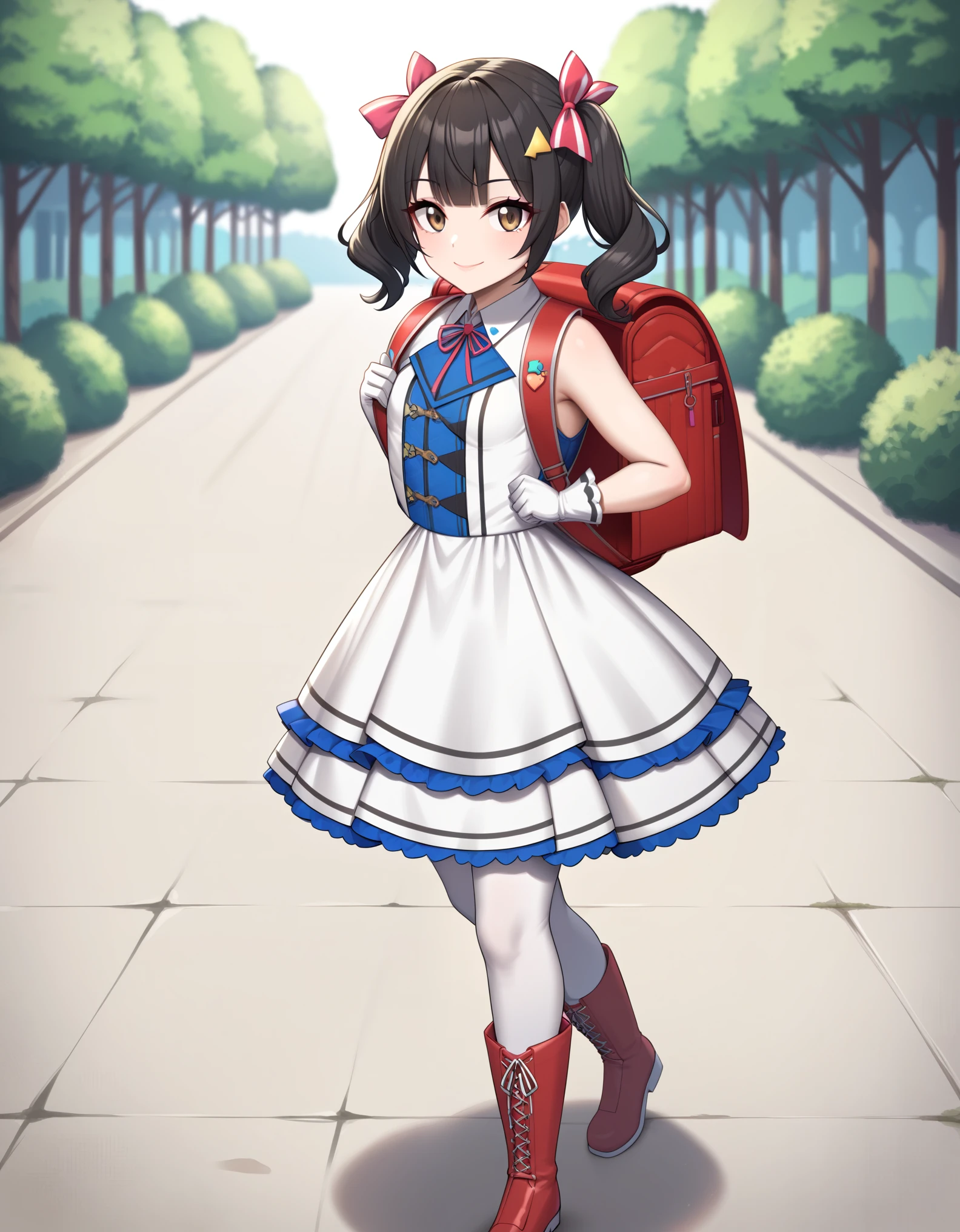 masterpiece, best quality, highly detailed, ultra high res, 1girl, solo, brown eyes, hair ornament, short ash blacm hair, twin tails, hair ribbon,  light smile, glossy lips, sleeveless idol dress, very puffy skirt, flared skirt, puffy dress, idol costumes, wearing white thighhighs, red boots, wearing school backpack, randoseru backpack ,red backpack, standing, walking, outdoor, wearing white gloves, fullbody 