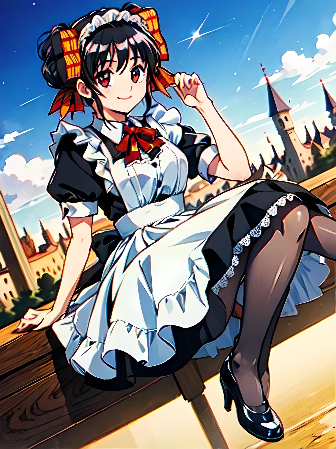 (((narusawa))), girl, Alone, maid attire, black pantyhose, high heels, smile、Medieval Europe、city