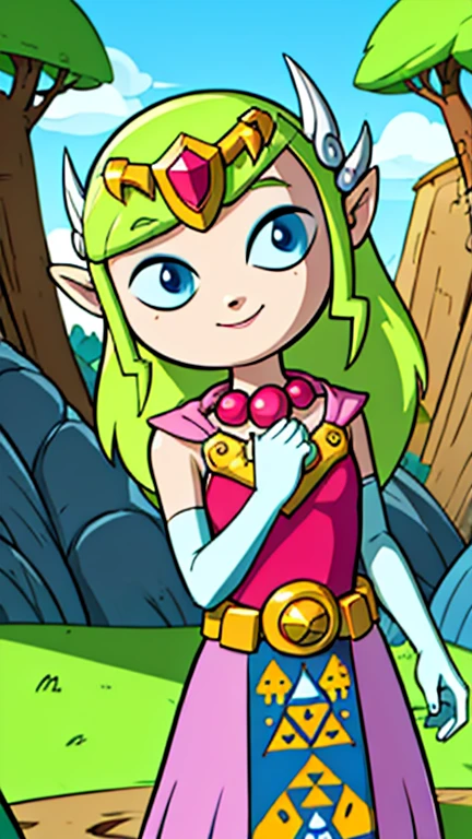 (Teens:1girl: toon zelda), (extremely detailed CG unit 8k wallpaper),(master part), (best quality), (ultra detail), (best illustration),(digital art), standing, neutral pose, cowboy shot, (Sharp eyeliner, ombre, detailed eyes:1), forest, outdoor, ,break , (Adventure Time cartoon style), upper body, (smile, gloves, dress, jewelry, elbow gloves, belt, blue eyes, tiara,  looking at viewer, 