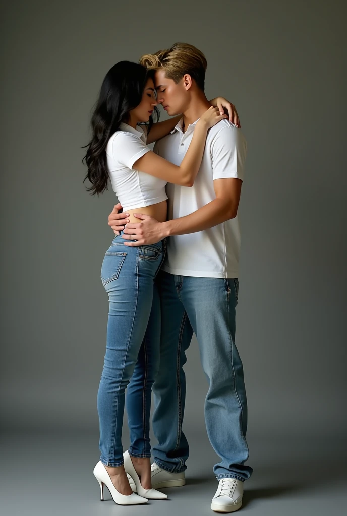 A beautiful teenage couple hugging each other for a couple photo , the boy in good health with blue top and jeans , the girl is in a pink top and blue jeans both has black hair 