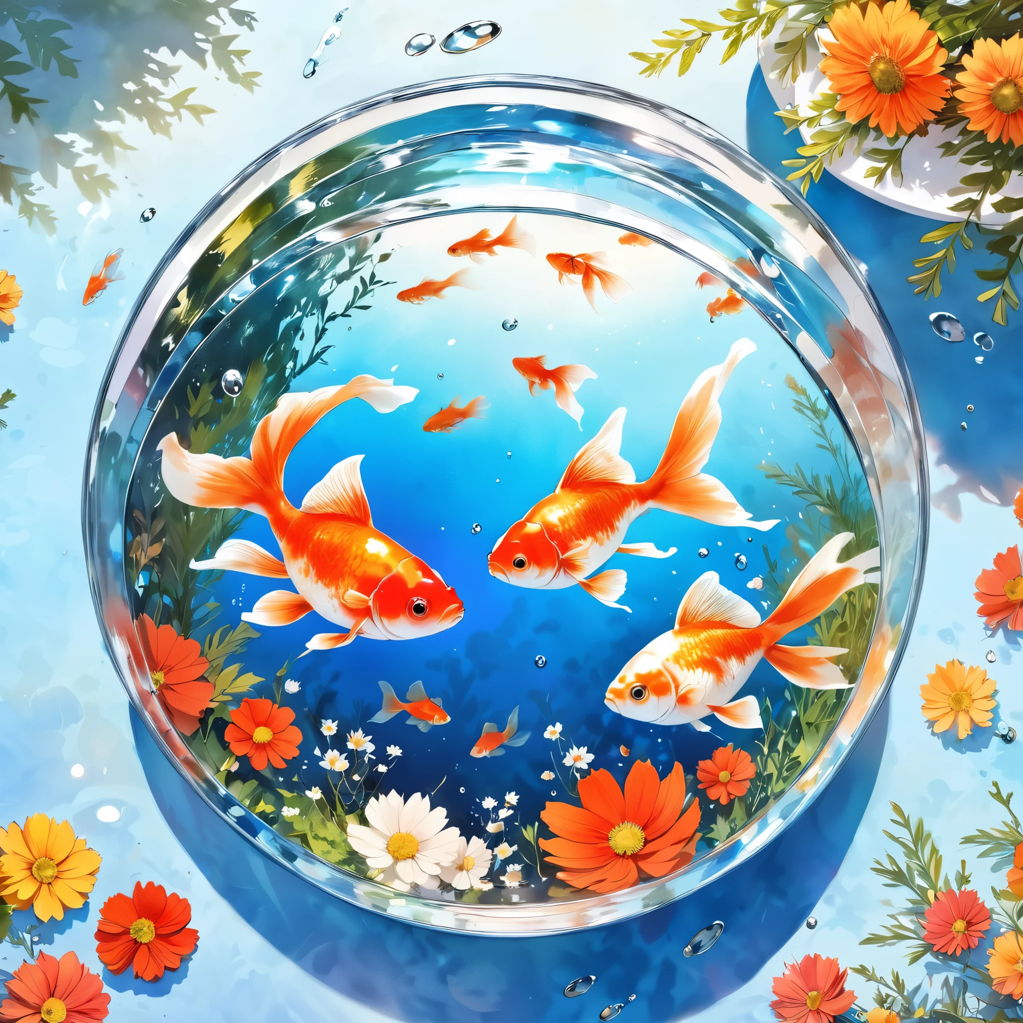 best quality, masterpiece, (from above)、(Several goldfish swimming in a large fishbowl)、A beautiful autumn blue sky and cosmos flowers are reflected in the goldfish bowl、water surface、Watercolor