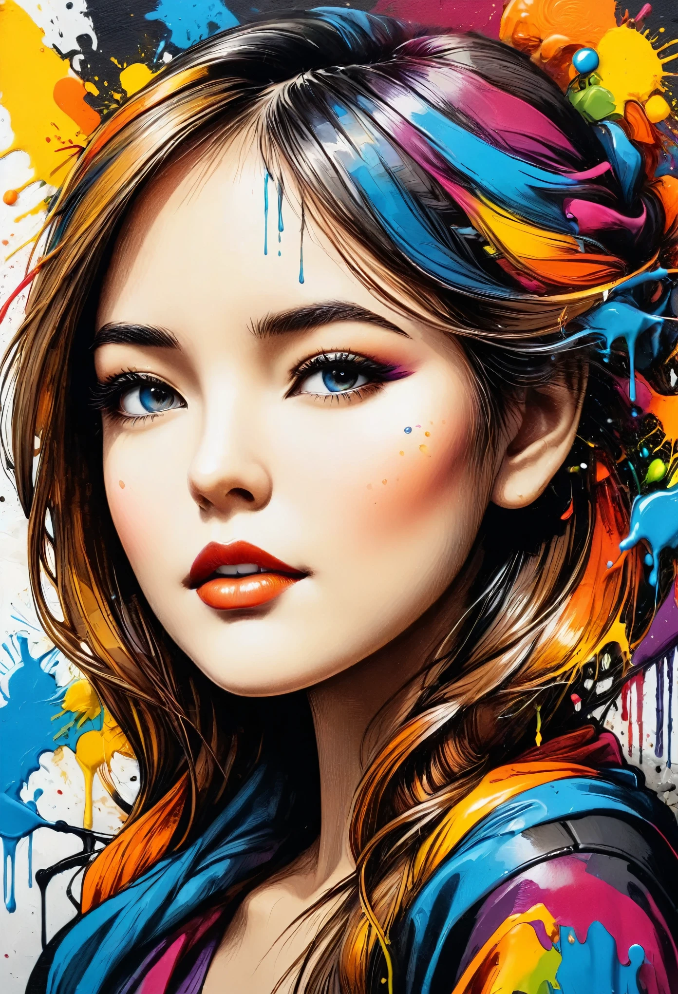 masterpiece, arte splash, rich and colorful, rich and colorful arte splash, to tear down、Paint spread painting, magical, Stylized abstract portrait of a beautiful girl,Street graffiti