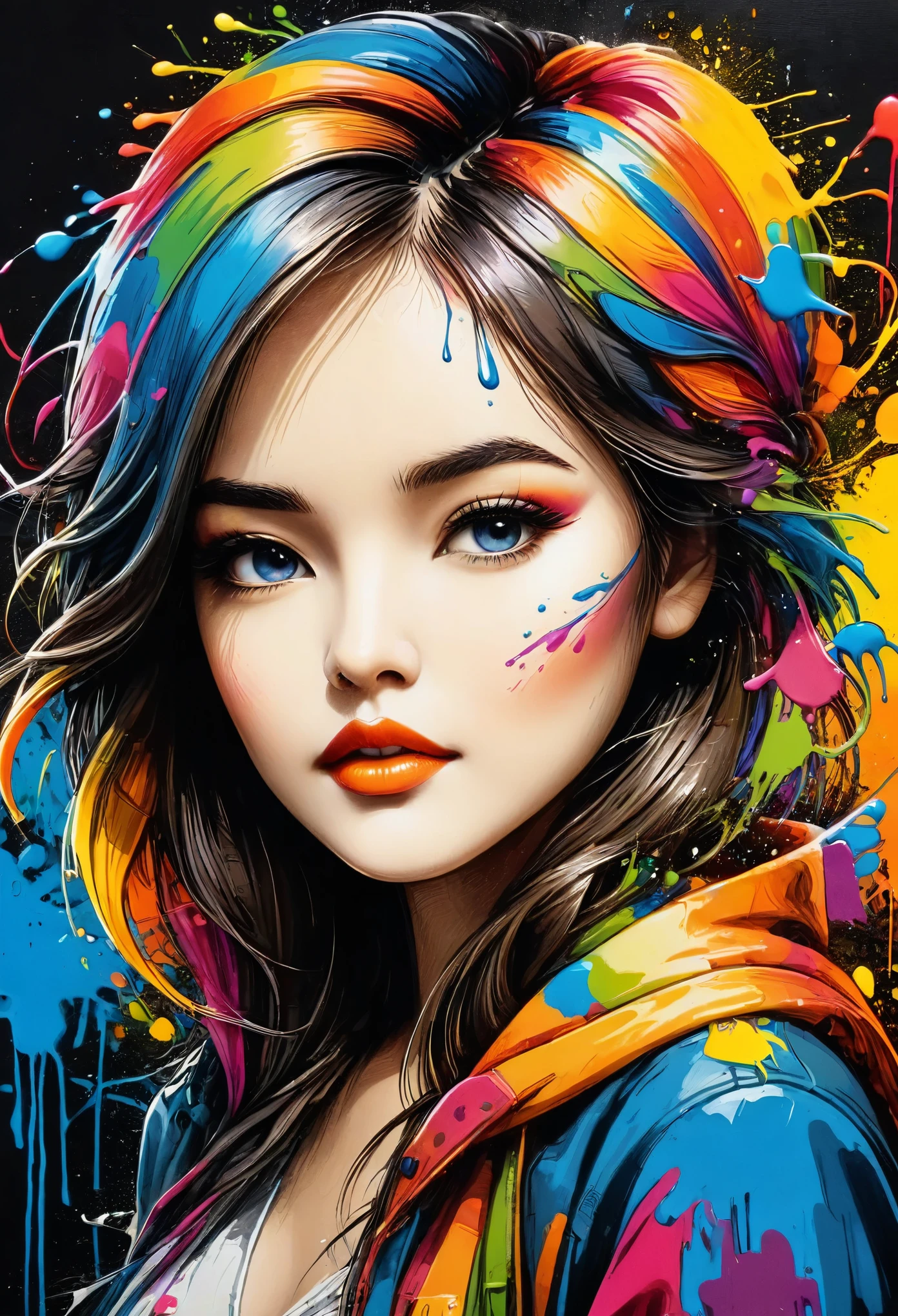 masterpiece, arte splash, rich and colorful, rich and colorful arte splash, to tear down、Paint spread painting, magical, Stylized abstract portrait of a beautiful girl,Street graffiti