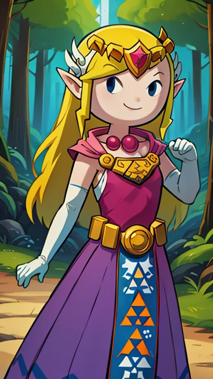 (Teens:1girl: toon zelda), (extremely detailed CG unit 8k wallpaper),(master part), (best quality), (ultra detail), (best illustration),(digital art), standing, neutral pose, cowboy shot, (dot eyes, minimalistic), forest, outdoor, ,break , (avt), upper body, (smile, gloves, dress, jewelry, elbow gloves, belt, blue eyes, tiara,  looking at viewer, 