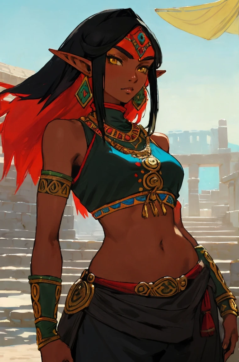 1girl athletic gerudo, elf ears, yellow eyes, black hair, (dark skin:0.7), (detailed face:1.1), portrait travelling merchant very wide hips, big , aztec style outfit, long pants outdoors, masterwork, best quality, highly detailed