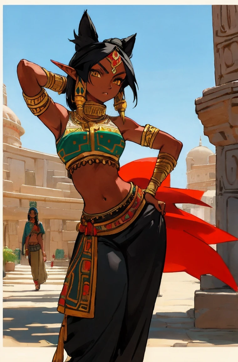 1girl athletic gerudo, elf ears, yellow eyes, black hair, (dark skin:0.7), (detailed face:1.1), portrait travelling merchant very wide hips, big , aztec style outfit, long pants outdoors, masterwork, best quality, highly detailed