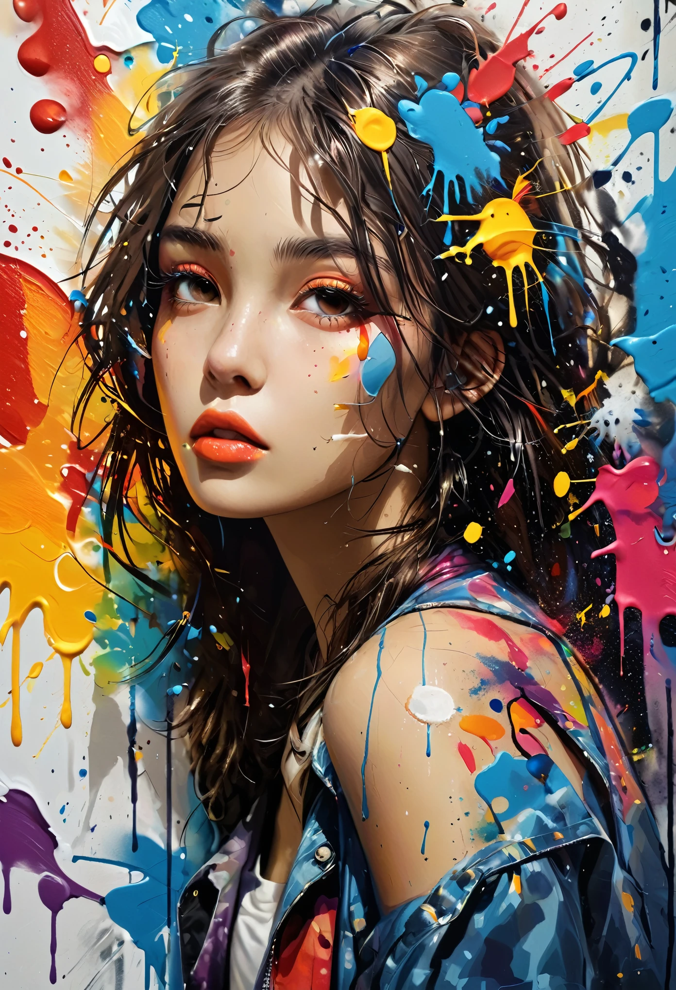 masterpiece, arte splash, rich and colorful, rich and colorful arte splash, to tear down、Paint spread painting, magical, Stylized abstract portrait of a beautiful girl,Street graffiti