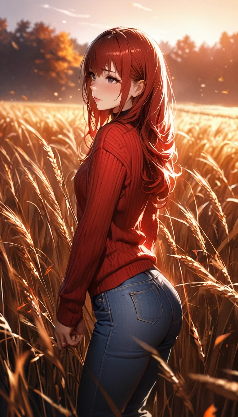 A girl, red-yellow hair, turquoise eyes, in full height, naked ass, Average Breasts, femenine body, seen from behind, ass, Walks in the field, Wheat field, Female genitals