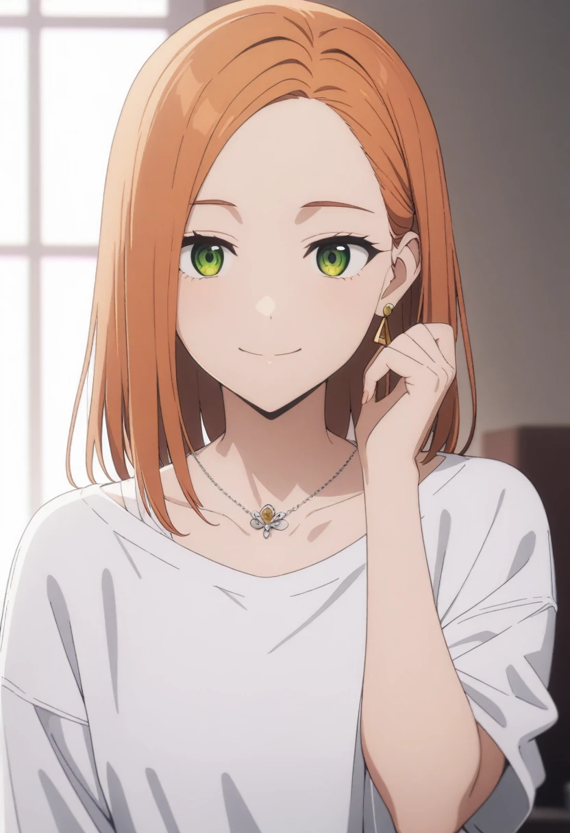 (masterpiece, best quality, very aesthetic, ultra detailed), intricate details,
1girl, kotohadef, long orange hair, green eyes, earrings, jewelry, collarbone, white shirt,  smile, looking at viewer,