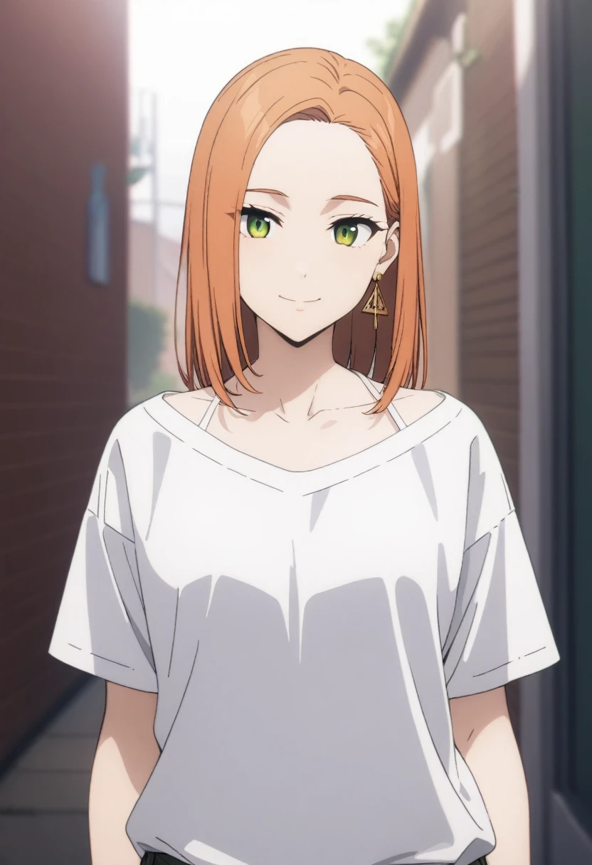 (masterpiece, best quality, very aesthetic, ultra detailed), intricate details,
1girl, kotohadef, long orange hair, green eyes, earrings, jewelry, collarbone, white shirt,  smile, looking at viewer,