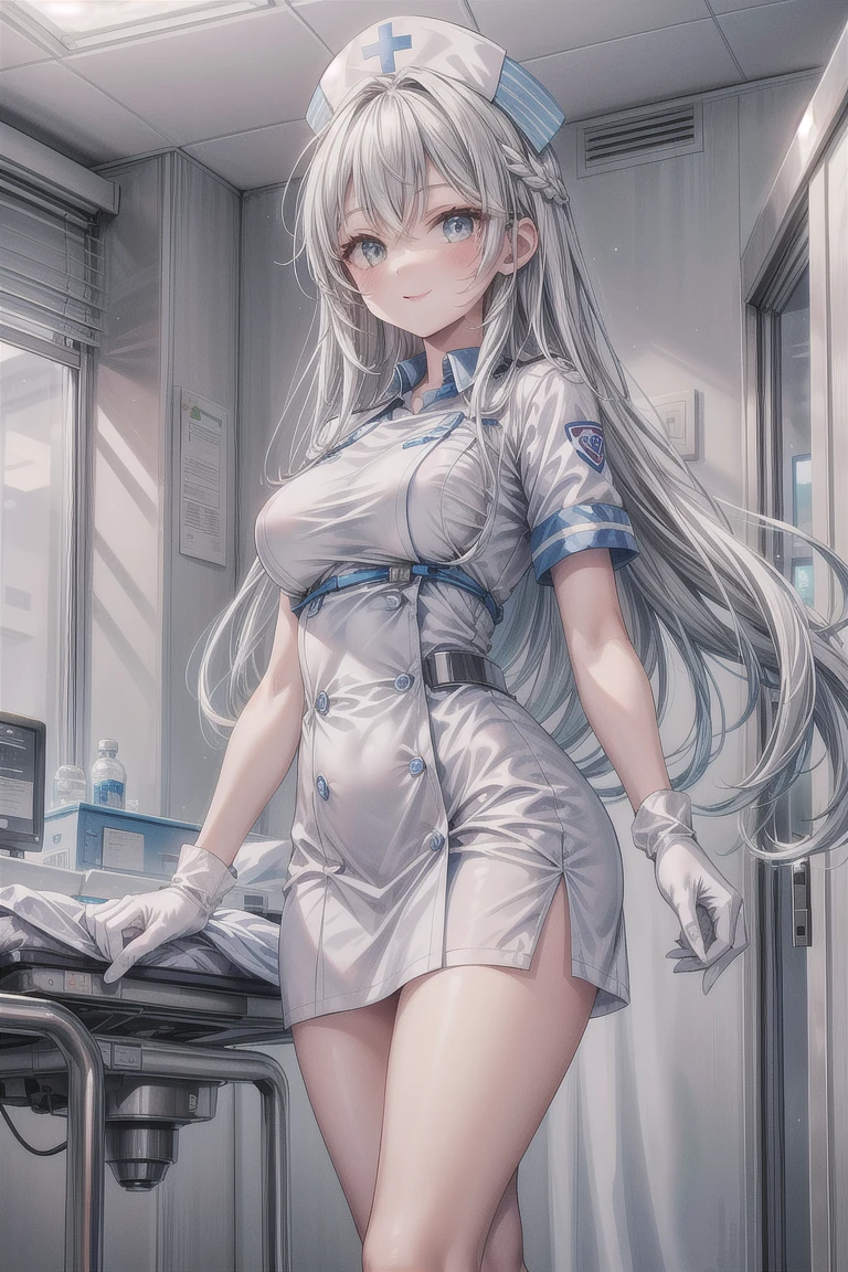 photorealistic, high resolution, 1women, solo, hips up, look at viewer, (detailed face), white hair, long hair, doctor outfit, stockings