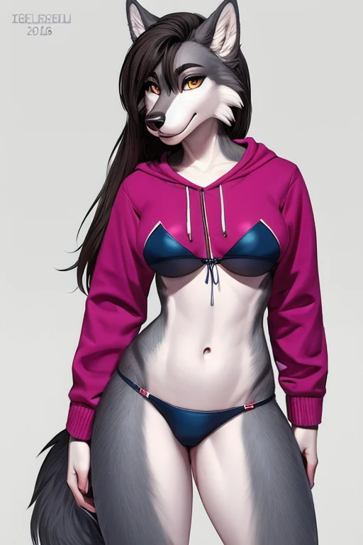 (((Masterpiece))), (((Best Quality: 1.4))), ((Super Detail: 1.4)) , Female, full breast, hoodie cutout, standing, wolf, 4k, 8k, cleavage,