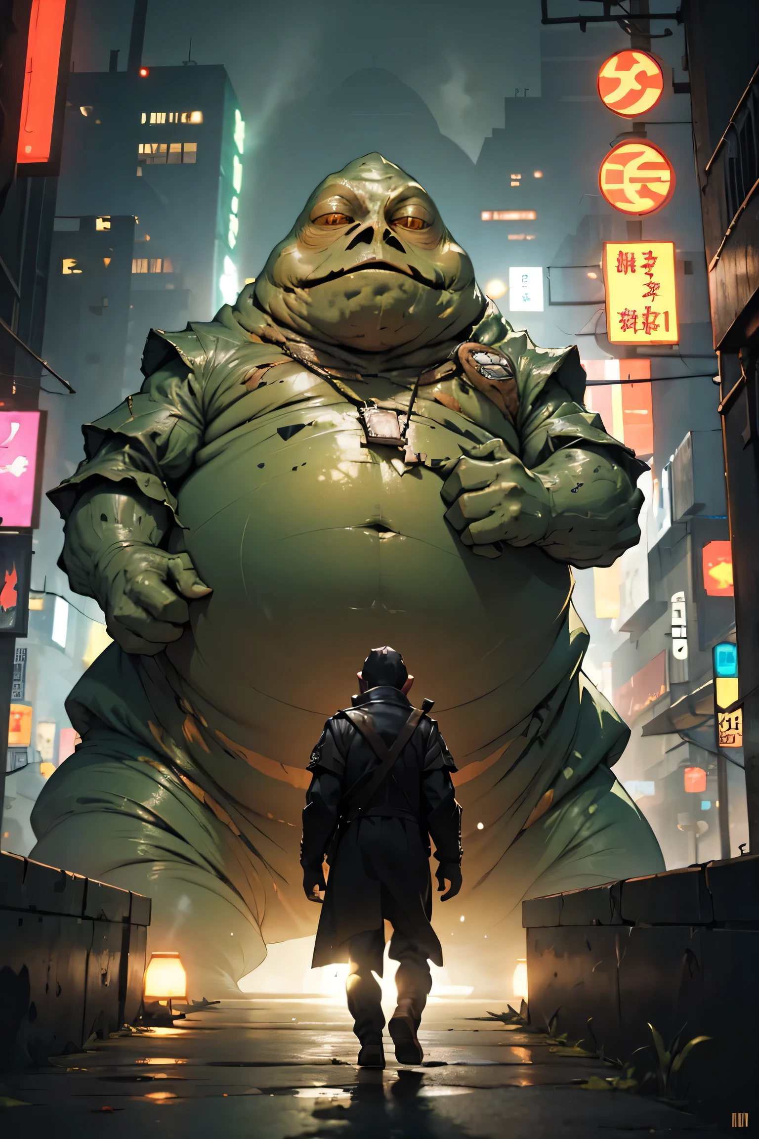 green monster, jabba the hutt, jabba, dark cyberpunk, city at night