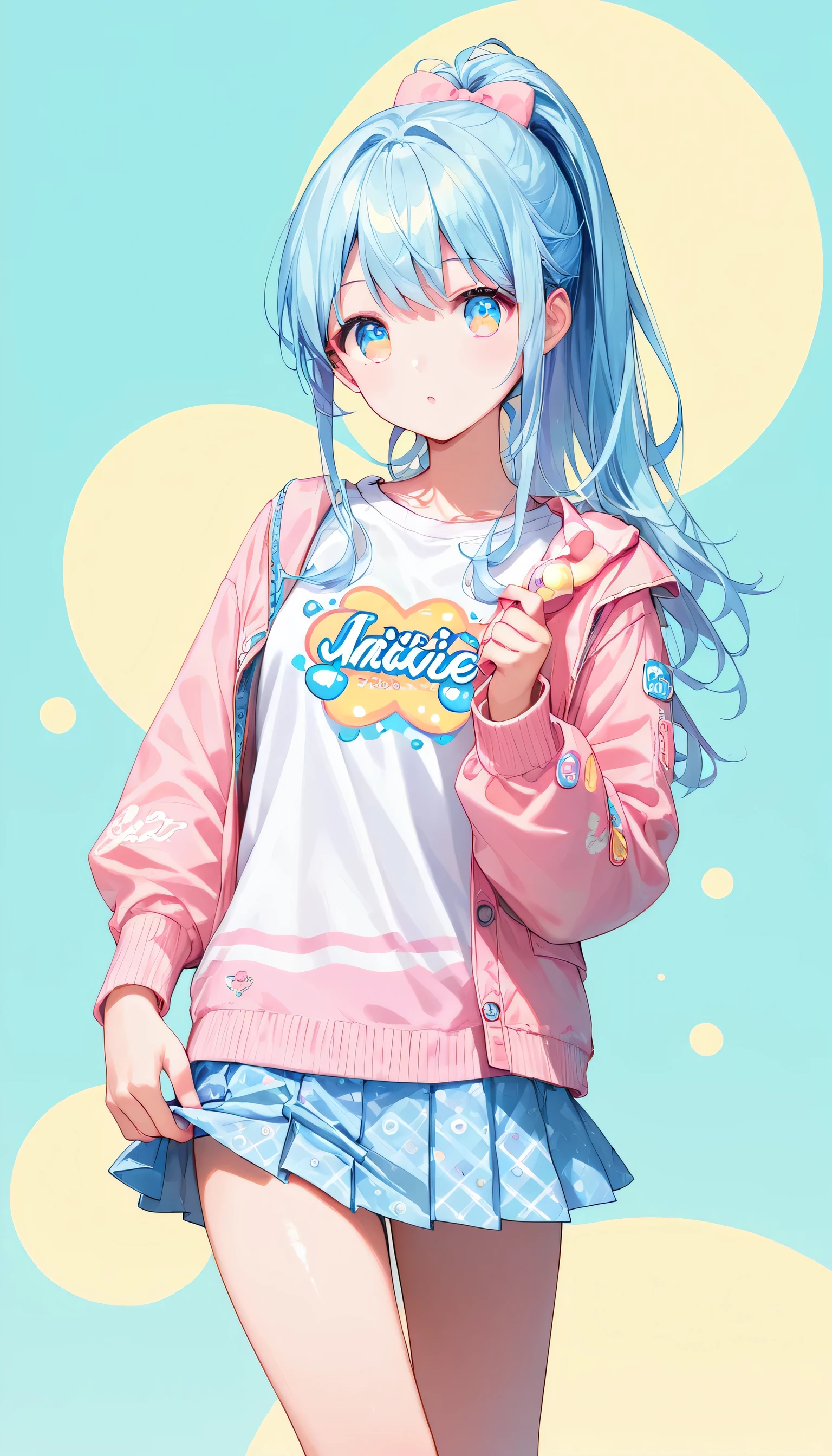 Score_9, Score_8_superior, Score_7_superior,sauce_anime, High-resolution images,masterpiece,Best Quality,girl,Cute face,Beautiful Skin,Shiny Hair,Highly detailed eyes,Pastel color background, Jojipan, mini skirt,Ponytail Hair,Long Hair,Light pastel blue hair,