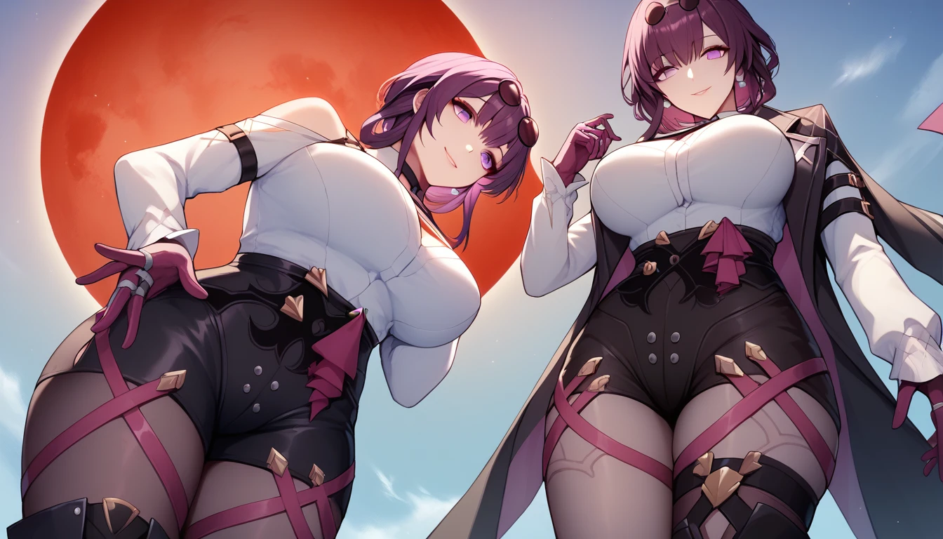 One Girl,Kafka, Purple eyes, Purple Hair, bangs, Side Lock, Please put your glasses on your head, earring, White shirt, collared shirt, Long sleeve black jacket, Jacket on shoulders, Harness, Large Breasts, Purple gloves, black shorts, High Waist Shorts, Purple thigh straps, Pantyhose Single Thigh High Boots,There are no students, Black choker, ring, Expose your shoulders, pearl earring, Armband,masterpieceAnatomically correct, 8k,(background,Big Red Moon,Simple),Cowboy Shot, Composition looking up from below,Captivating smile,