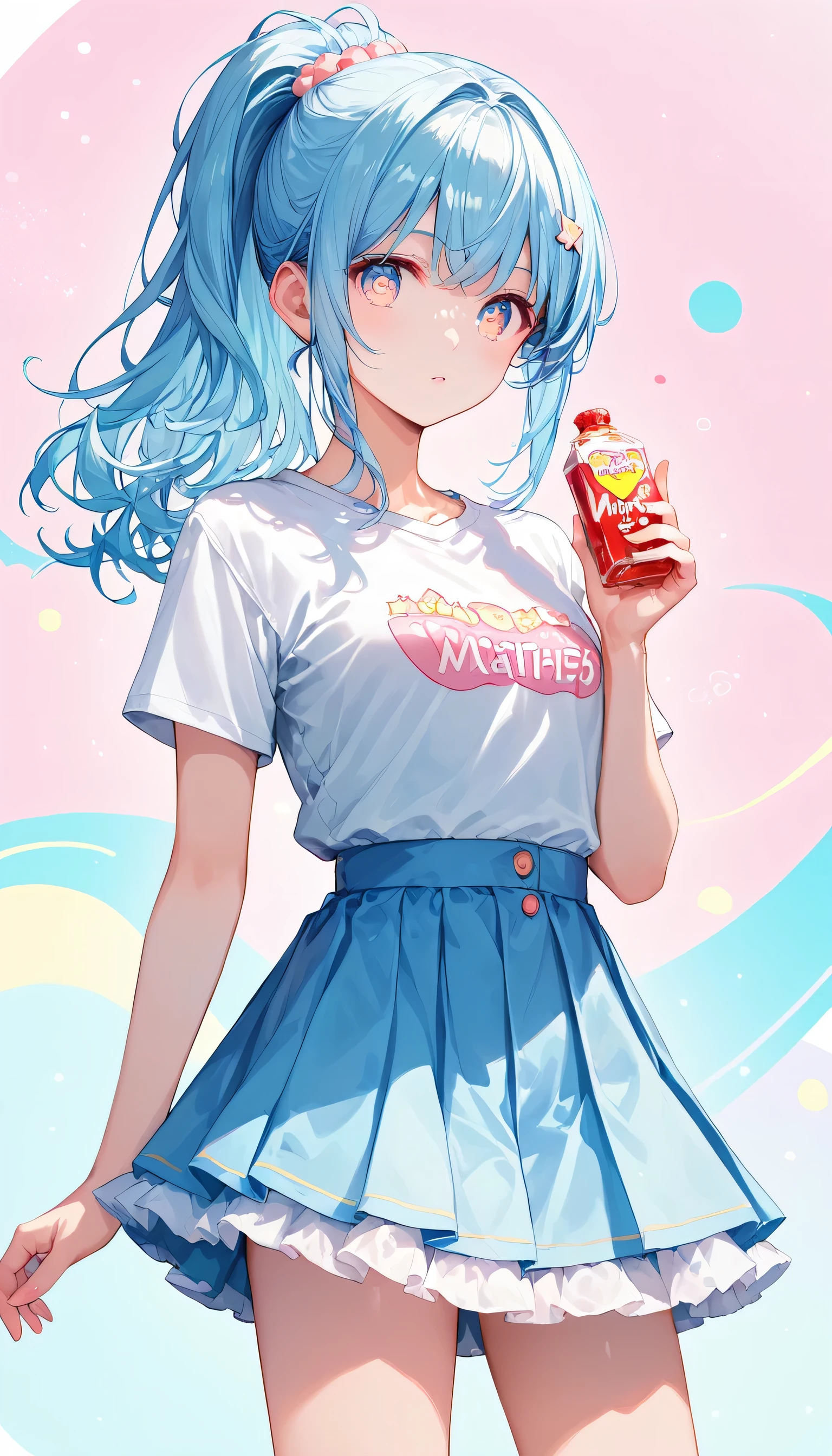 Score_9, Score_8_superior, Score_7_superior,sauce_anime, High-resolution images,masterpiece,Best Quality,girl,Cute face,Beautiful Skin,Shiny Hair,Highly detailed eyes,Pastel color background, Jojipan, mini skirt,Ponytail Hair,Long Hair,Light pastel blue hair,