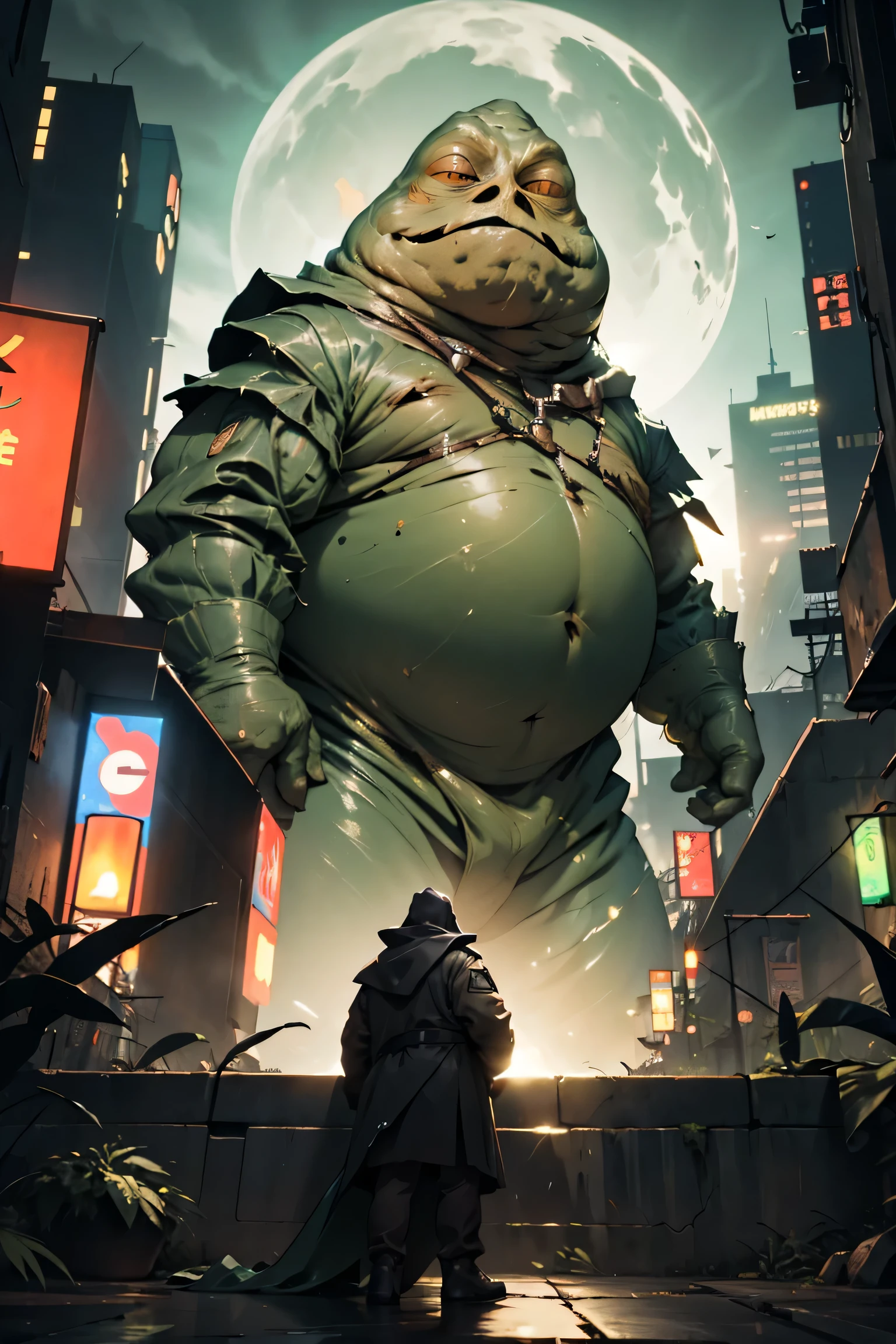 green monster, jabba the hutt, jabba, slug body, dark cyberpunk, city at night
