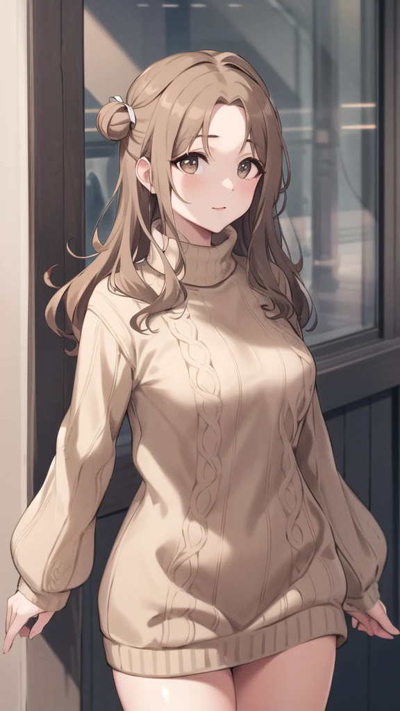 masterpiece, best quality, highres, hmhinana, long hair, single side bun, hair ribbon, cowboy shot, walking, street, turtleneck, virgin killer sweater, ribbed sweater, long sleeves,