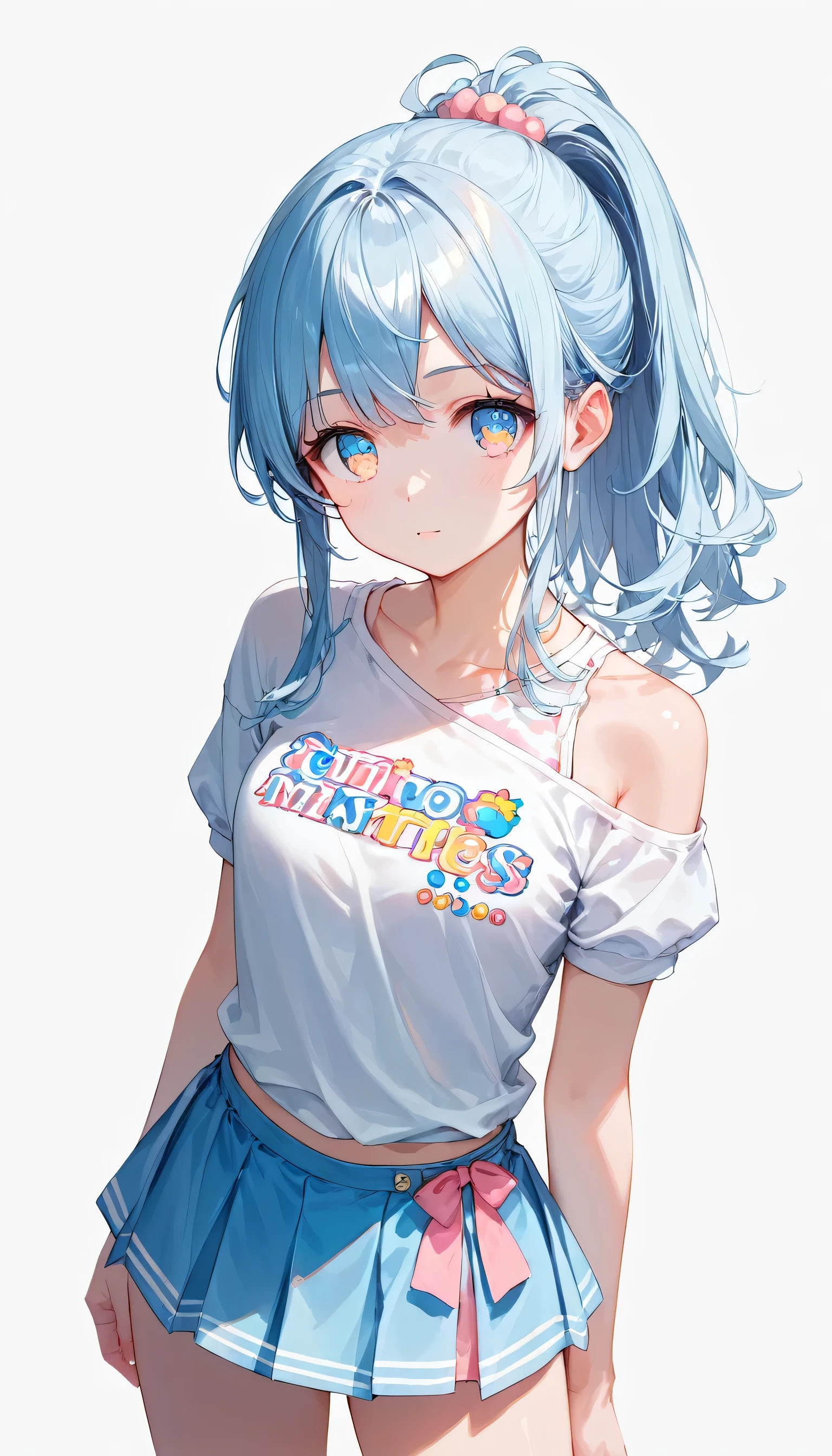 Score_9, Score_8_superior, Score_7_superior,sauce_anime, High-resolution images,masterpiece,Best Quality,girl,Cute Face,Beautiful Skin,Shiny Hair,Highly detailed eyes,Simple Background, Jojipan, mini skirt,Ponytail Hair,Long Hair,Light pastel blue hair,
