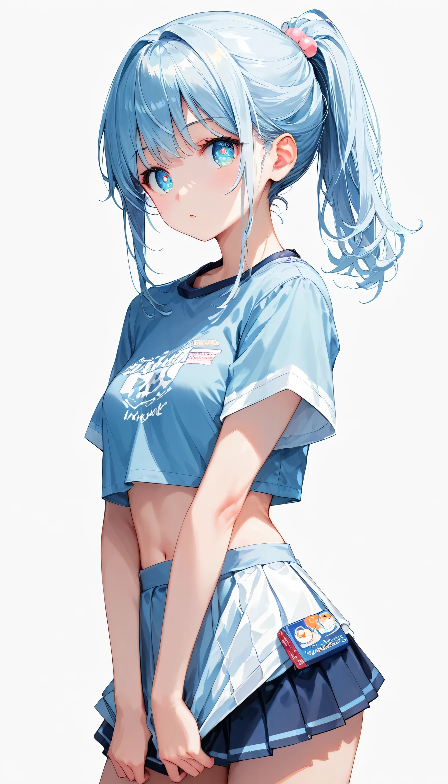 Score_9, Score_8_superior, Score_7_superior,sauce_anime, High-resolution images,masterpiece,Best Quality,girl,Cute Face,Beautiful Skin,Shiny Hair,Highly detailed eyes,Simple Background, Jojipan, mini skirt,Ponytail Hair,Long Hair,Light pastel blue hair,