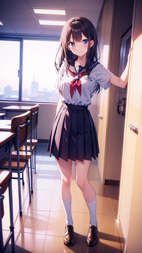 standing in a classroom with one&#39;s arms folded behind one&#39;s back、A red-haired, twin-tailed anime girl wearing a blazer uniform, white crew socks and black loafers