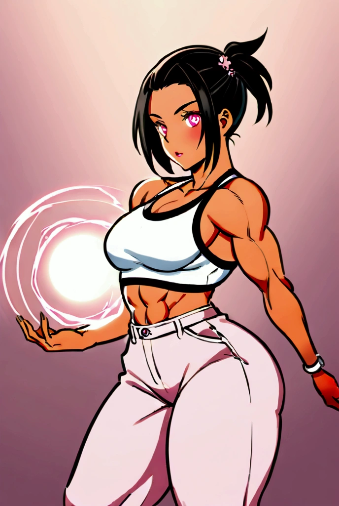 
Occupation: muscle workout 
Appearance: Aiko is a young woman with a muscle frame and striking features. She has shoulder-length black hair styled in a chic side ponytail, and her almond-shaped eyes are accentuated with bold makeup. Her skin is flawless, with a healthy glow.her veins come out from her biceps. Her quads was big.
Clothing: Aiko's style is a perfect blend of edgy and feminine. She wears a cropped white tank top with cherry blossom prints, showcasing her toned midriff. Her high-waisted pink pants hug her curves perfectly, and she pairs them with white sneakers for a touch of casualness.