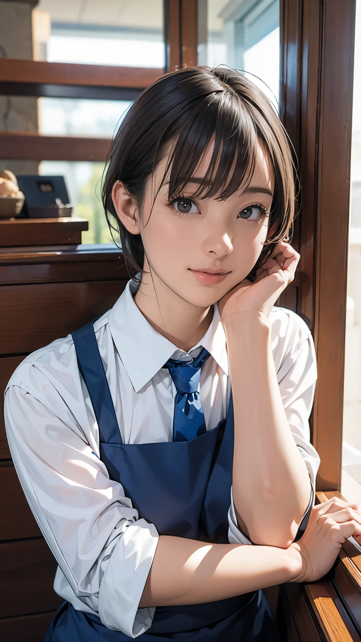 (masterpiece:1.2, Best Quality), (Realistic, photoRealistic:1.4), Beautiful illustrations, (Natural Side Lighting, Cinema Lighting), Written boundary depth, (Face Focus, Upper Body), 1 female，20 years old，Alone，（With background：Hotel Rooms） , Straight Hair, Short Hair, Bun Hair, Coffee shop uniform, Cafe uniform, tie