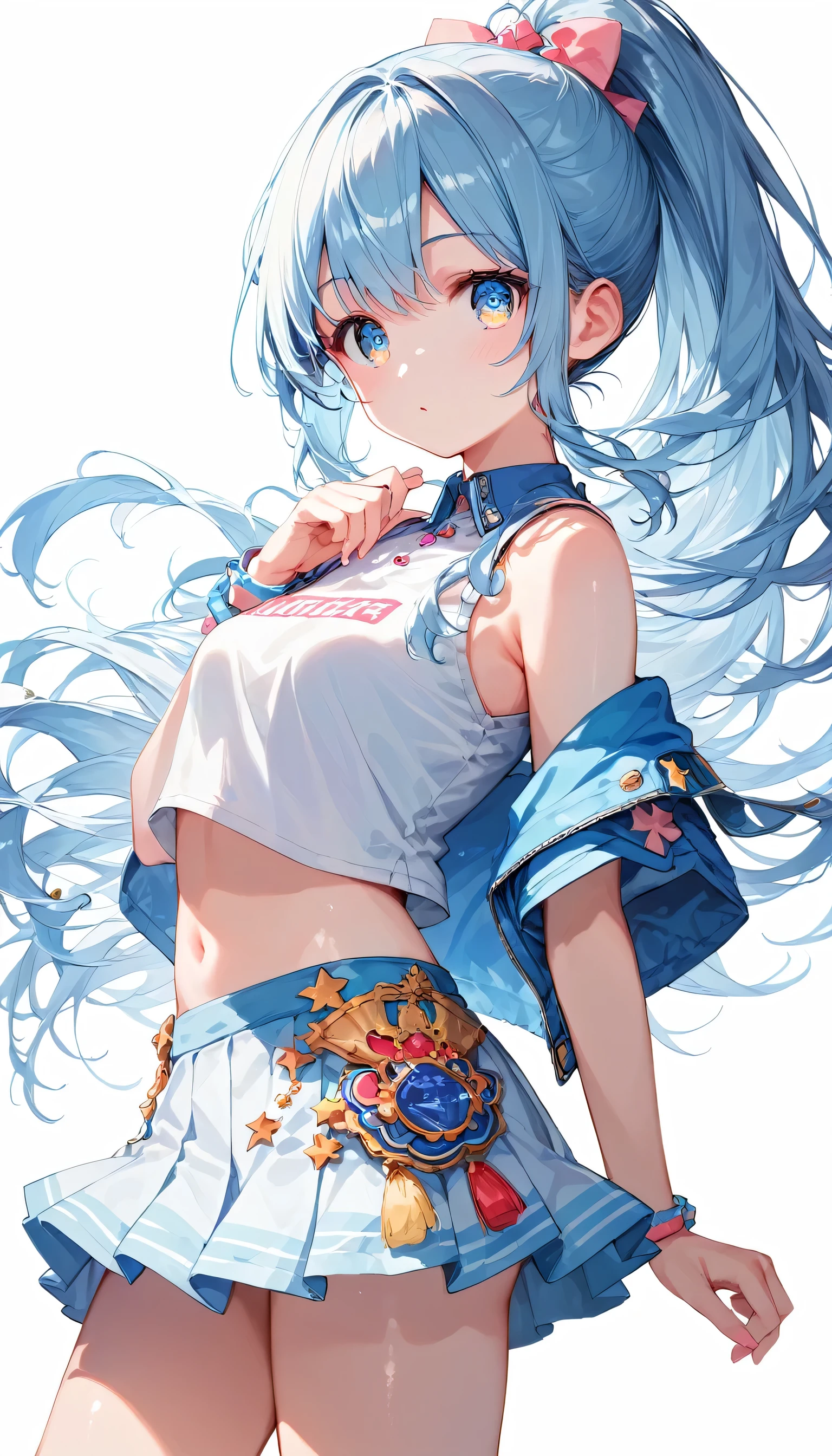 Score_9, Score_8_superior, Score_7_superior,sauce_anime, High-resolution images,masterpiece,Best Quality,girl,Cute Face,Beautiful Skin,Shiny Hair,Highly detailed eyes,Simple Background, Jojipan, mini skirt,Ponytail Hair,Long Hair,Light pastel blue hair,