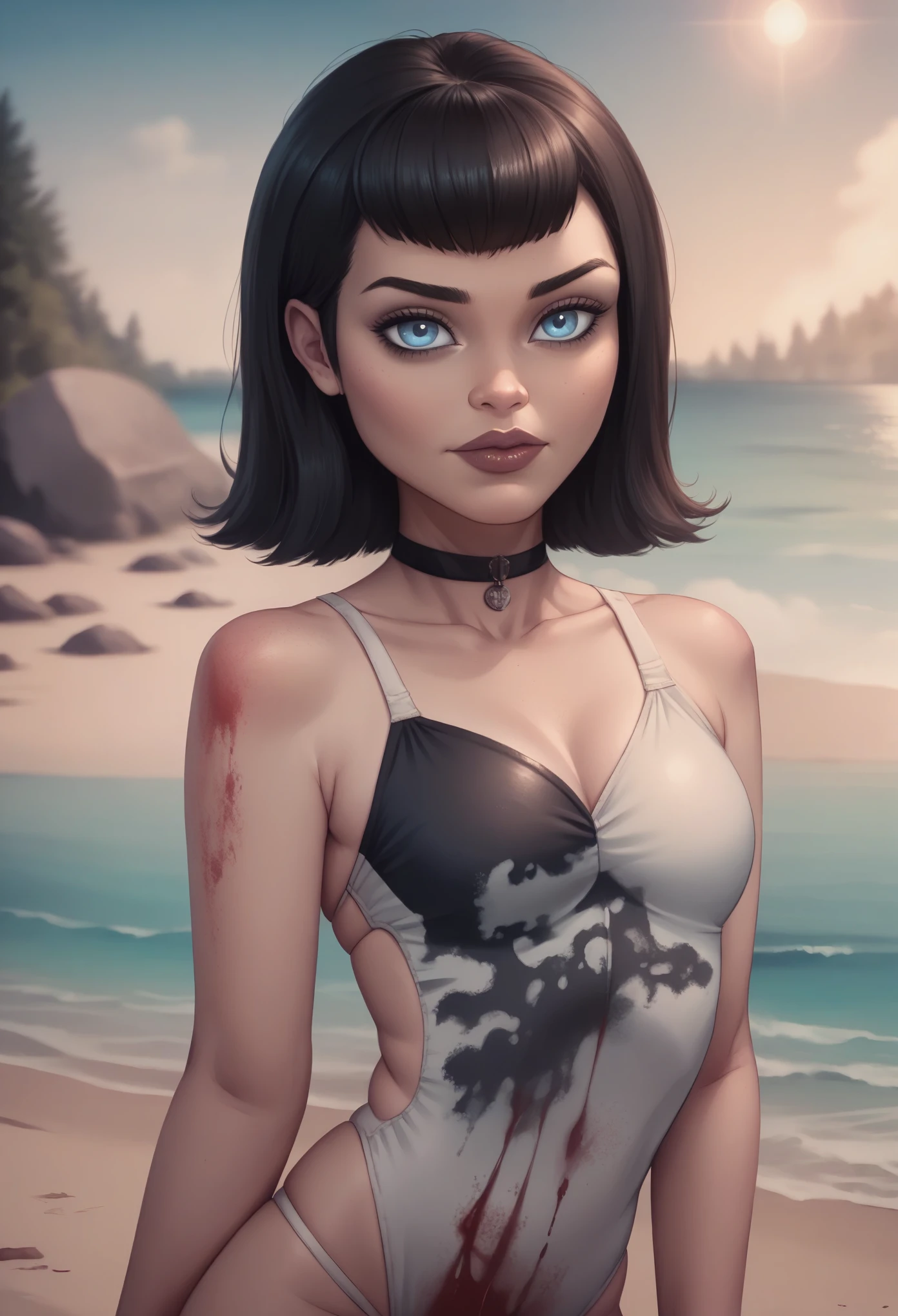 Mavis Dracula. solo. Blue eyes. black hair. choker. swimsuit. grave. blood. beach (best quality, photorealistic, 1girl, solo, looking at viewer, , depth of field, (watercolor illustration, soft pastel colors:1.1), realistic,)
