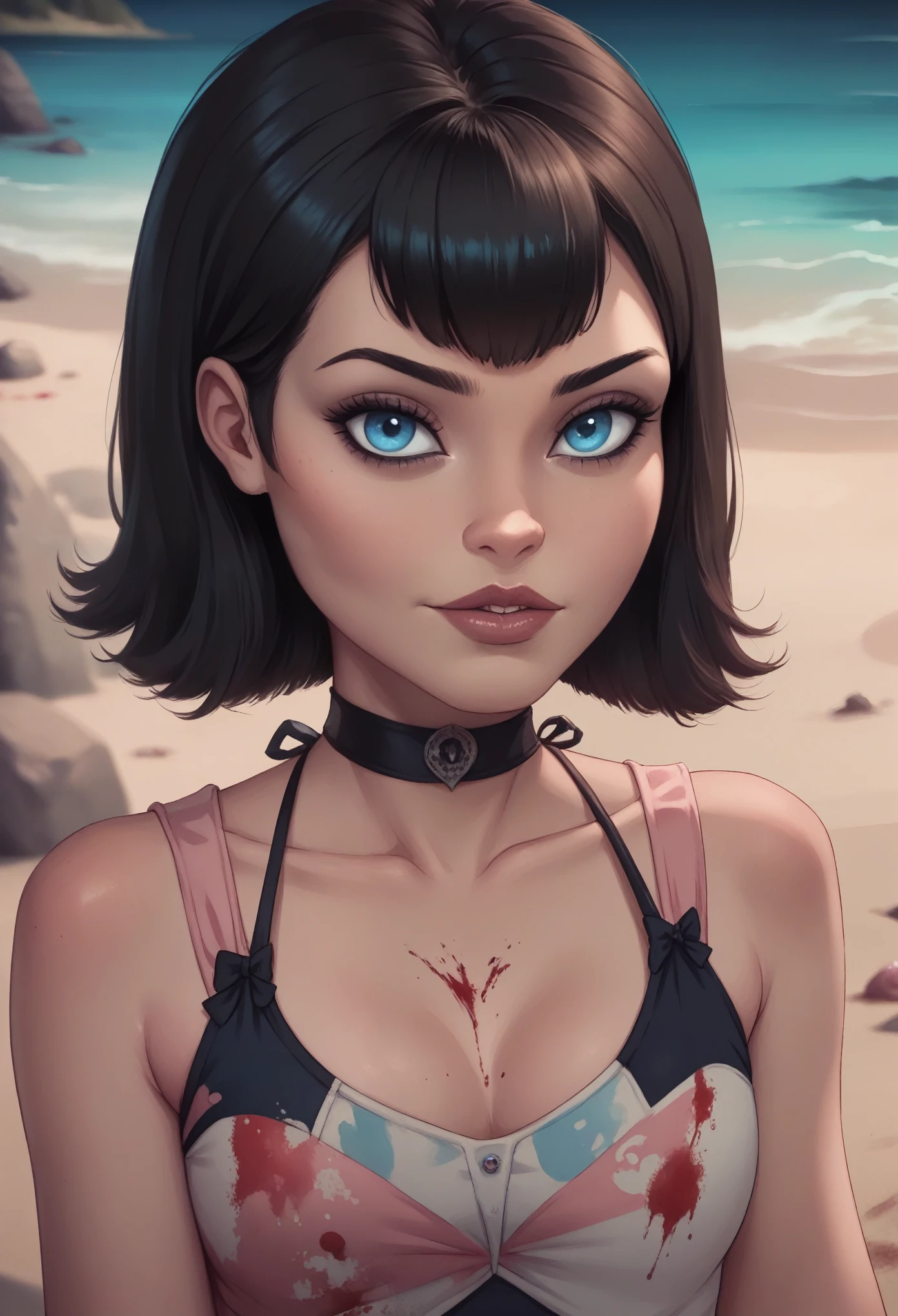 Mavis Dracula. solo. Blue eyes. black hair. choker. swimsuit. grave. blood. beach (best quality, photorealistic, 1girl, solo, looking at viewer, , depth of field, (watercolor illustration, soft pastel colors:1.1), realistic,)
