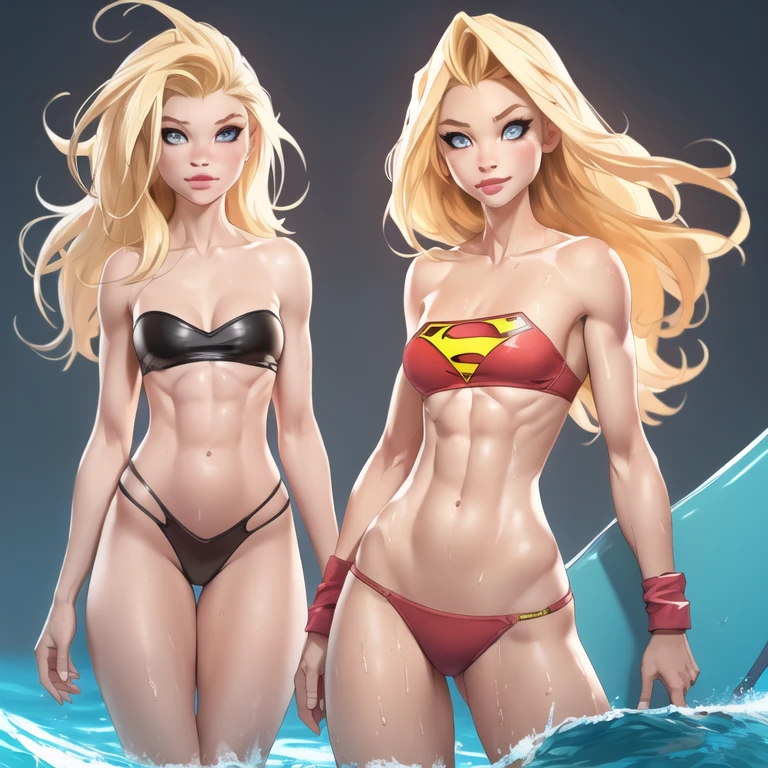 Supergirl,surfing, light blonde,very long wet hair,voluminous floaty parted in the middle bangs, slim face,blonde eyelashes,big blue eyes,big dilated black pupils,dark eyeliner,small nose,light pink thin lips, slim arms,firm breasts,petite,thin complexion,skinny,ripped eight-pack abs,slim waist,thigh gap,cameltoe,muscular legs,wet skin, (best anatomy,detailed masterpiece,high contrast,beautiful face,score_9,score_8_up,score_7_up,ultra detailed,beautiful face,highres BREAK), red seamless g-string thong,blue strapless bikini top, beach near jungle background, 3 thin pale girls,(2 shorter blonde petite girls),