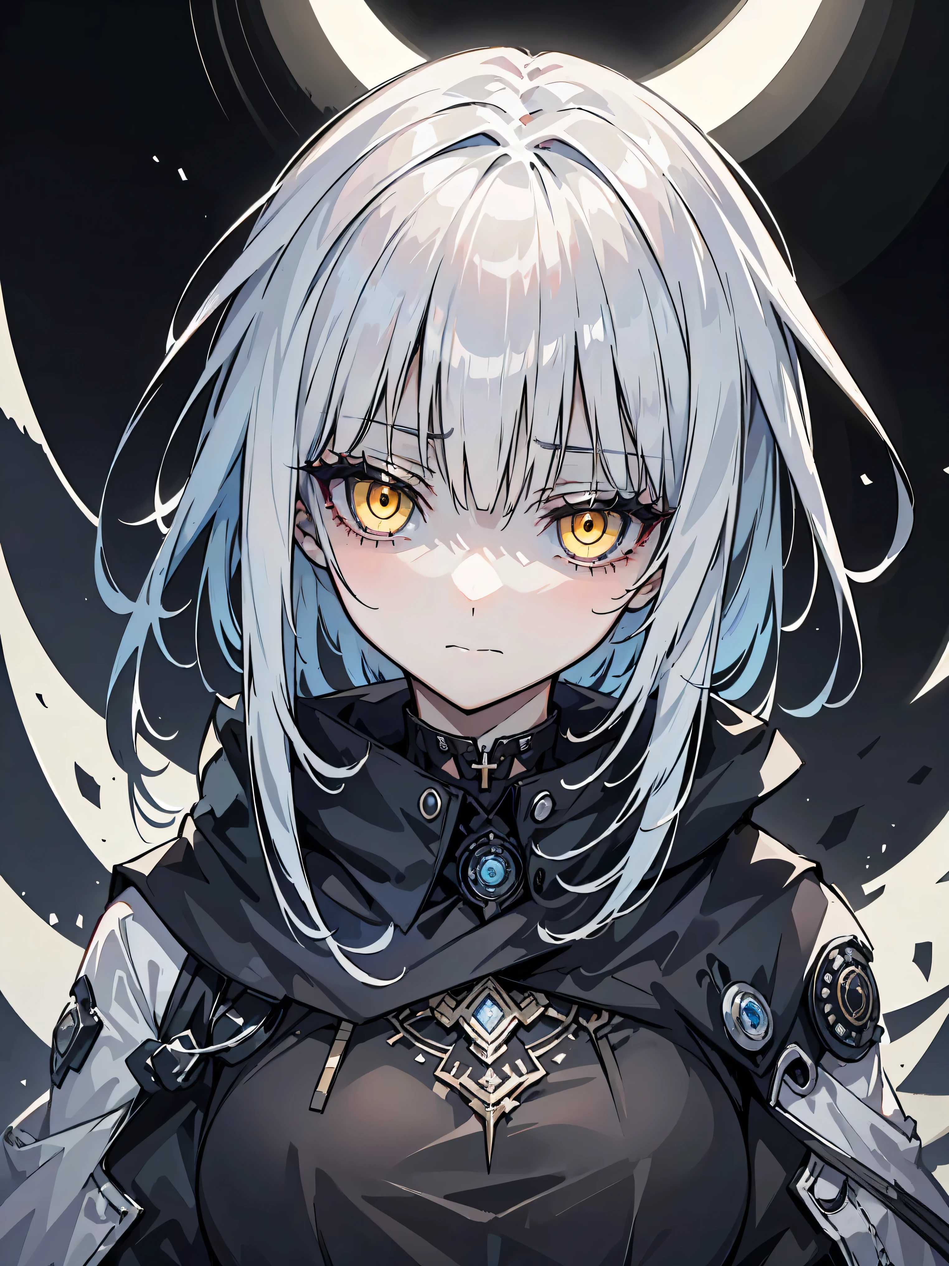 Single girl, dark gray hair, glowing yellow eyes, depressed face, sharp eyes, circles in eyes, dark clothing, collapsed church background , black halo on top her head, moonlight gaze, 