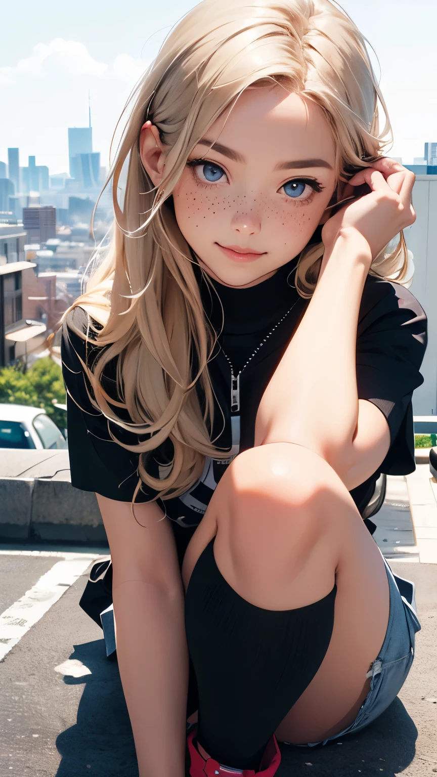 Woman, americana, Age 25, pale skin and freckles, gray eyes, delicate nose, soft and delicate lips, far away, blondie far away and wavy waist length hair, sweet smile, face with delicate feminine facial features, highly rendered, ((最high quality, 8K, masterpiece: 1.3, Ultra HD, high quality, 最high quality, High resolution, realism))  extremely beautiful white woman、Slender figure、Hair color blonde、blue eyeedium Hair、Straight Hair、smile、Background blur((depth of field))、Aerial perspective((atmospheric perspective))、I want my head to stay off screen、Put an anklet on your ankle、Wearing red nail polish、I have a peticure、No sleeve、Wear high-neck zipper-up tops、Wear low rise hot pants、Wear short boots、Walking through the hustle and bustle of the city、Skyscraper background、Sit on the curb and rest your chin on your hands