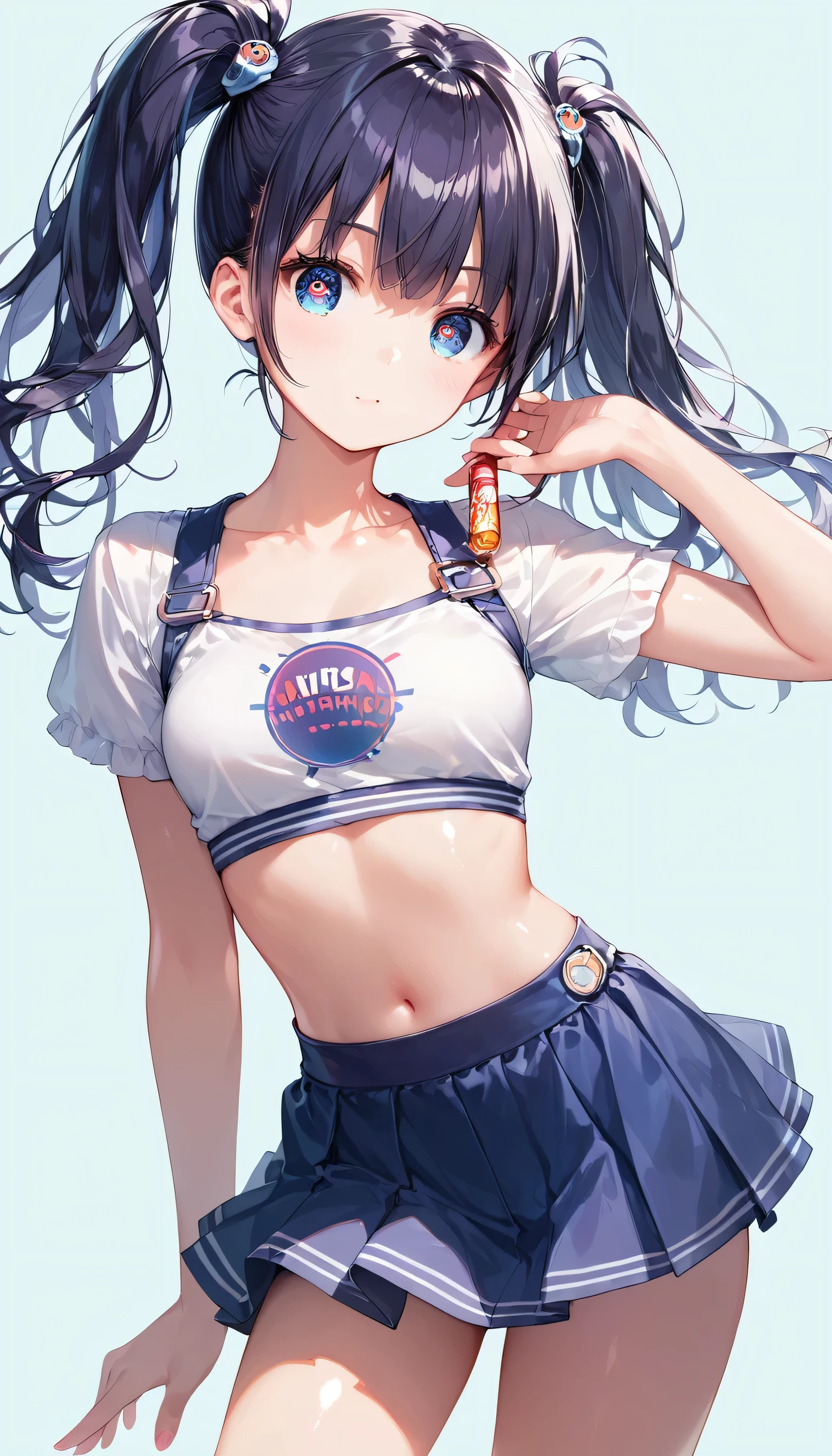 Score_9, Score_8_superior, Score_7_superior,sauce_anime, High-resolution images,masterpiece,Best Quality,girl,Cute Face,Beautiful Skin,Shiny Hair,Highly detailed eyes,Simple Background, Jojipan, mini skirt,Twin tails、hair,ロングhair,