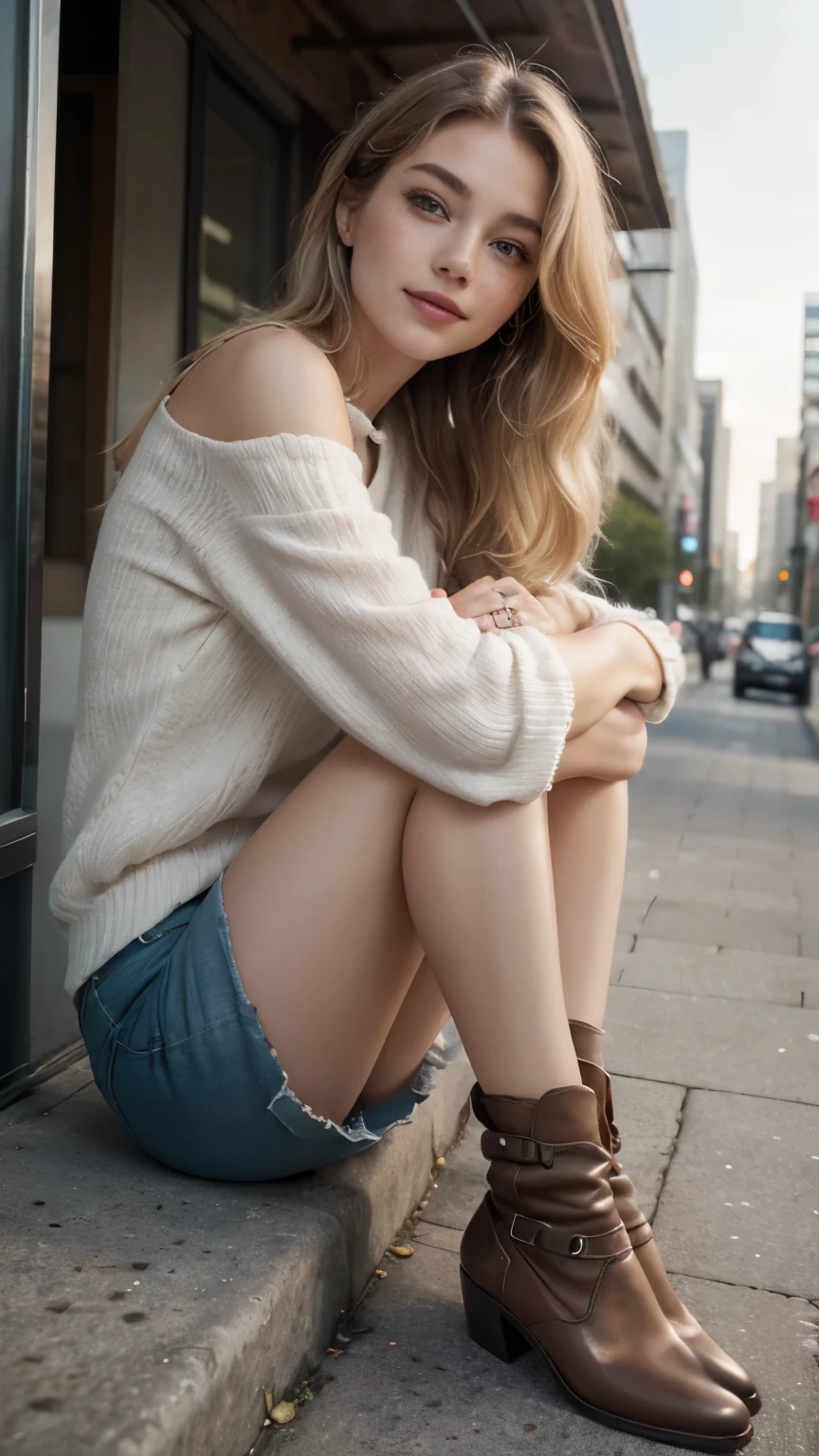 Woman, americana, Age 25, pale skin and freckles, gray eyes, delicate nose, soft and delicate lips, far away, blondie far away and wavy waist length hair, sweet smile, face with delicate feminine facial features, highly rendered, ((最high quality, 8K, masterpiece: 1.3, Ultra HD, high quality, 最high quality, High resolution, realism))  extremely beautiful white woman、Slender figure、Hair color blonde、blue eyeedium Hair、Straight Hair、smile、Background blur((depth of field))、Aerial perspective((atmospheric perspective))、I want my head to stay off screen、Put an anklet on your ankle、Wearing red nail polish、I have a peticure、No sleeve、Wear high-neck zipper-up tops、Wear low rise hot pants、Wear short boots、Walking through the hustle and bustle of the city、Skyscraper background、Sit on the curb and rest your chin on your hands