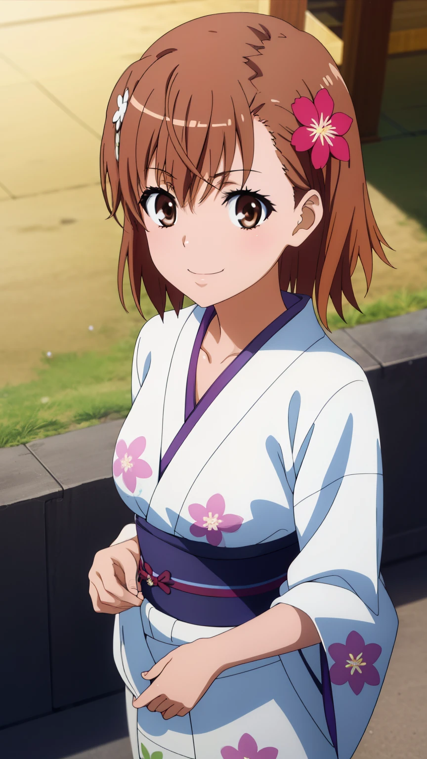 (masterpiece, best quality, high resolution, 8k:1.2), (anime coloring:1.2), highly detailed, beautiful eyes, perfect eyes, fine eyes, brown eyes, featuring big highlights, detailed face, highly detailed, fine eyes, symmetrical eyes, one girl, alone, Misaka Mikoto, brown hair, short hair, hairpin, (small breast:1.0), slim body, (floral yukata, flower hair ornaments, smile, summer festival), looking at the viewer, in the center of the image, (beautiful_chest:1.1), (beautiful_face:1.2), (beautiful_waist:1.2), (cowboy shot), dutch angle,