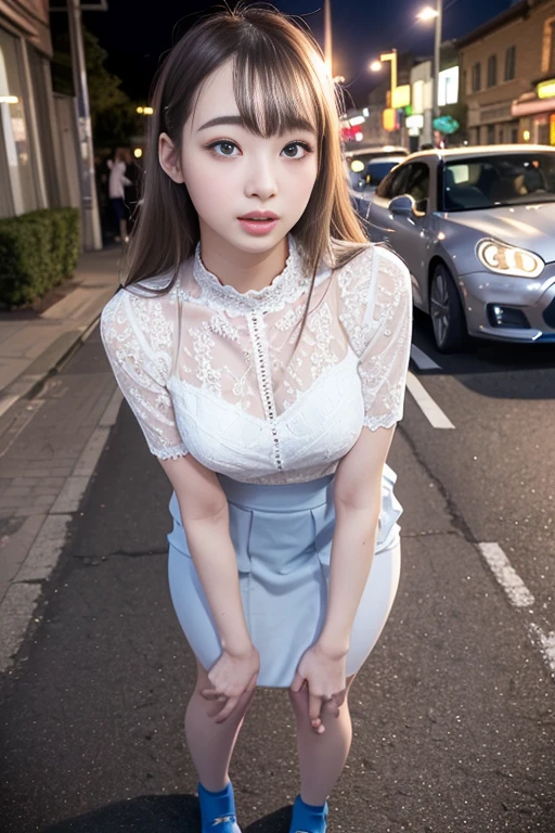 ((16K quality、highest quality、masterpiece、High resolution、Actual photo))、 (Ultra-realistic、Realistic)、(Professional Quality、High resolution)、super High resolution、((Long Shot、Full body portrait))、((((lift skirt:1.4), (show your panties))))、(((standing on the street, uplight stance)))、(((Very beautiful teenage woman)))、((Nogizaka uniform idol))、((White blouse、Ribbon on collar、Navy blue mini skirt、White socks、Brown Loafers))、((High cut high leg sexy see-through lace panties)、(((Silver Hair)))、((Shiny Hair、セミロングのSilver Hair、Cover one ear))、Choker、((Brown Loafers))、((blue eyes))、(((Stargazing、Open your mouth)))、 (((Ecstatic expression、Drooping eyebrows and eye corners)))、Embarrassing、Beautiful legs、(Big eyes、No makeup、Very pretty and subtle makeup, Natural Makeup,)、Perfect body、Perfect hands、Perfect Fingers、Beautiful thin lips、Clear, Beautiful face and well-proportioned eyes、Highly detailed eyes and face、Nice nose、Thin eyebrows、(Perfect Eyes） Border Light、Realistic Light、 (Soft Light, high quality, Smooth and sharp, 10x pixelation, Beautiful eyeshadow), Round face, Thighs、emphasize Thighs、Hairstyles with bangs、Slender body、slim、Light-reflecting skin、Model Body Type、Detailed fingers、Beautiful Eyes、Long eyelashes、８From head to body、Low Angle、Light reflected in the eye、Small face、Double eyelids、Big eyes、Lip gloss、Look away、Background Blur、Front cinema lighting、Light on the face,