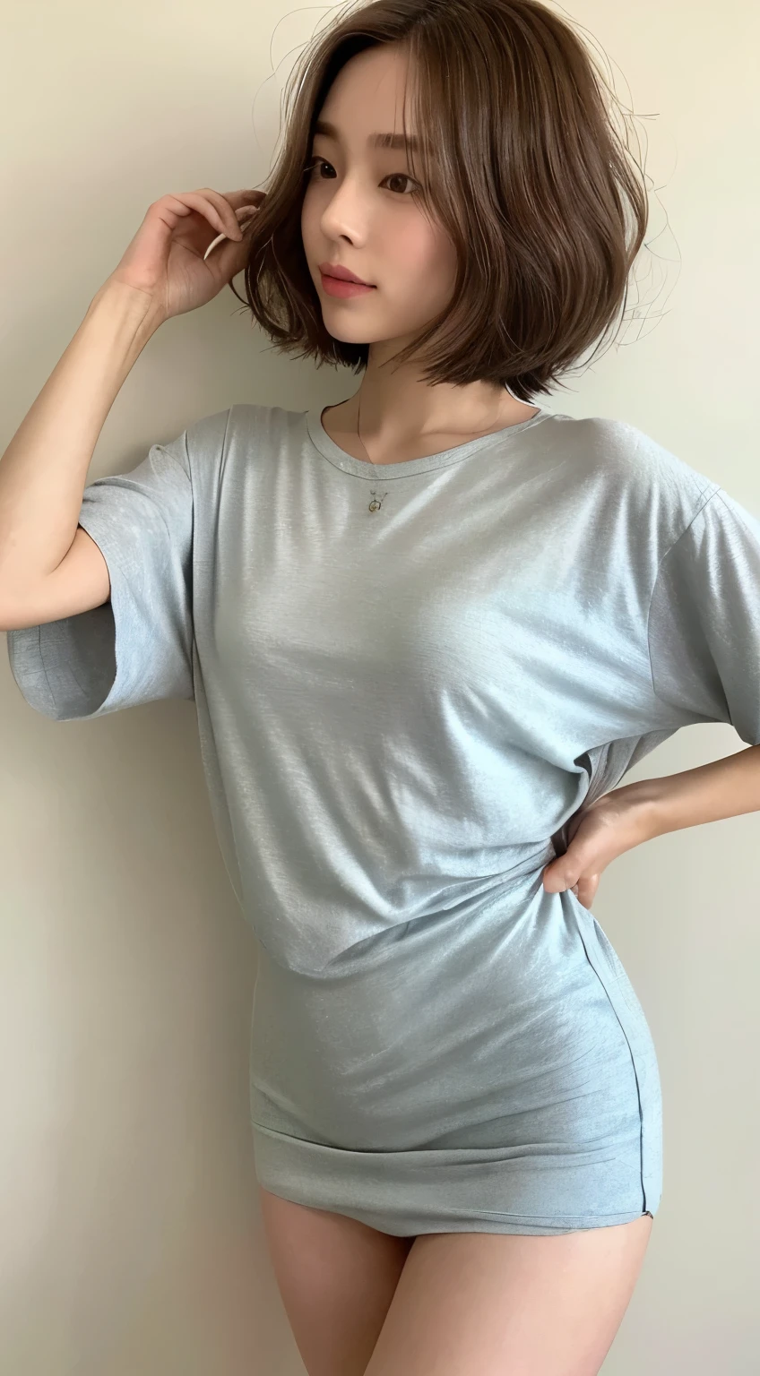 (top-quality、8K、32K、masterpiece、nffsw:1.2)、Photo of a cute Japanese woman、Slightly fat、Slightly obese、very short bobbed hair、The upper part of the body、sface focus、High school 、simple background、From above、looking at the viewers、chubby、