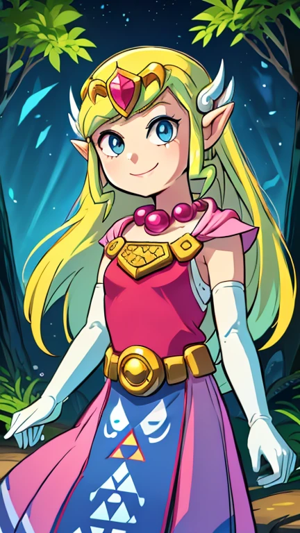 (Teens:1girl: toon zelda), (extremely detailed CG unit 8k wallpaper),(master part), (best quality), (ultra detail), (best illustration),(digital art), standing, neutral pose, cowboy shot, (Sharp eyeliner, ombre, detailed eyes:1), forest, outdoor, ,break , (steven universe style), upper body, (smile, gloves, dress, jewelry, elbow gloves, belt, blue eyes, tiara,  looking at viewer, hands in back