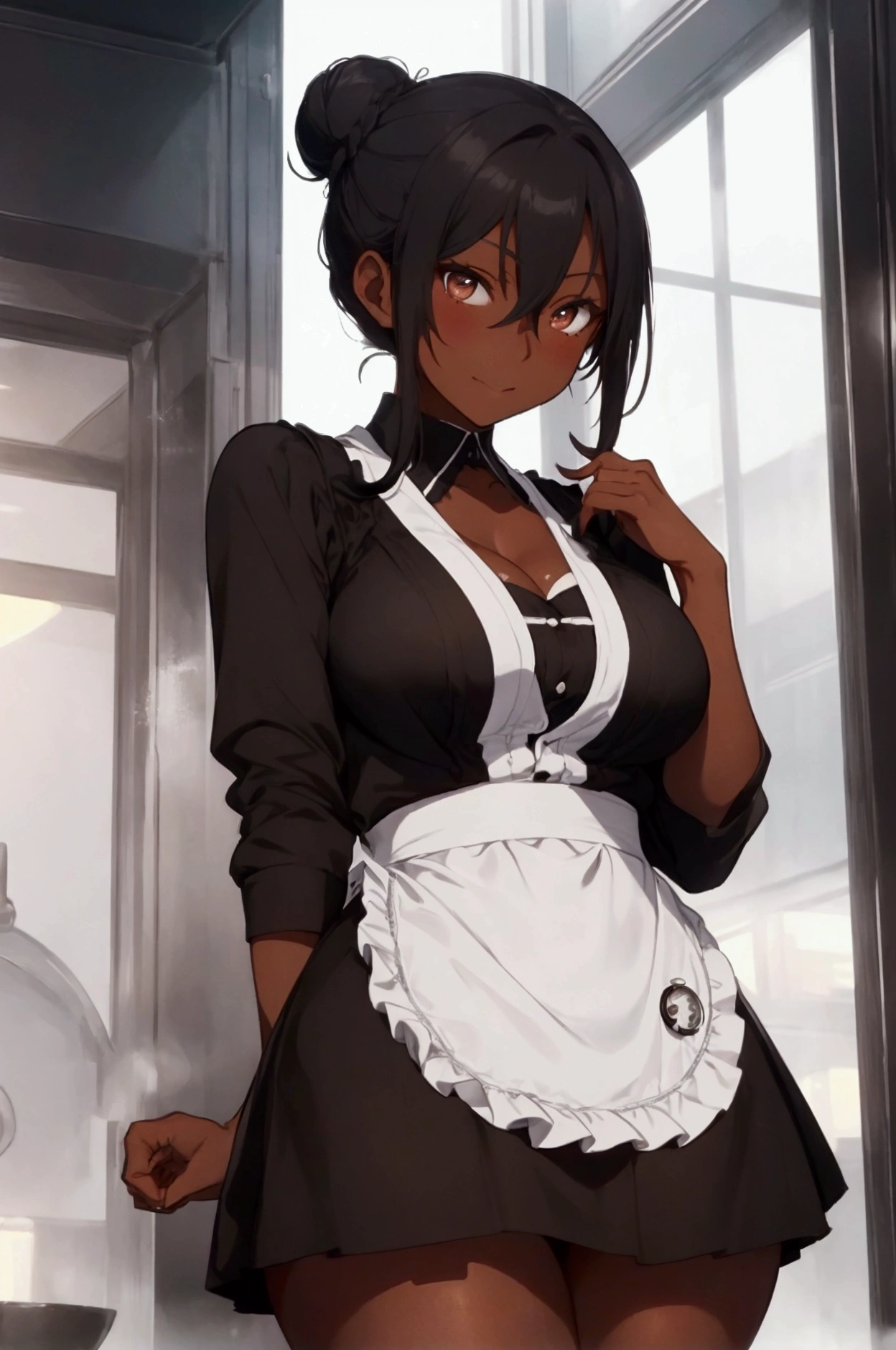 (Isade, 20 years old, 178cm tall, slender build, petite waist, mature and sensual figure, large breasts, plump rear, dark skin tone), (Dark skin color: 1.5), 1girl, standing outside a building during daytime, wearing a classic black and white maid uniform with a short skirt that shows off her shapely legs, low-cut top highlighting her ample cleavage, black stockings and heels, curly black braids tied up in a neat bun, black gloves, and a small apron over the uniform with a white collar and cuffs Expression is a soft, subtle smile as she looks up and towards the viewer, one hand resting on her chin in a thoughtful pose, the other holding a silver pocket watch, surrounded by a business district backdrop with skyscrapers and neon signs Medium to large breasts, small waist, and a curvy bottom, her figure accentuated by the tight fit of the uniform, hair styled in a neat bun with a few loose strands framing her face, makeup subtle yet elegant Detailed focus on the maid outfit, the way it hugs her curves, the apron laced up in the front, the way the skirt flares out slightly when she stands, the heels making her legs look even longer Atmosphere is sleek and professional, yet with a hint of sensuality from the revealing uniform and the way Isade carries herself, looking like a high-class maid who could easily transition into something more... intimate.