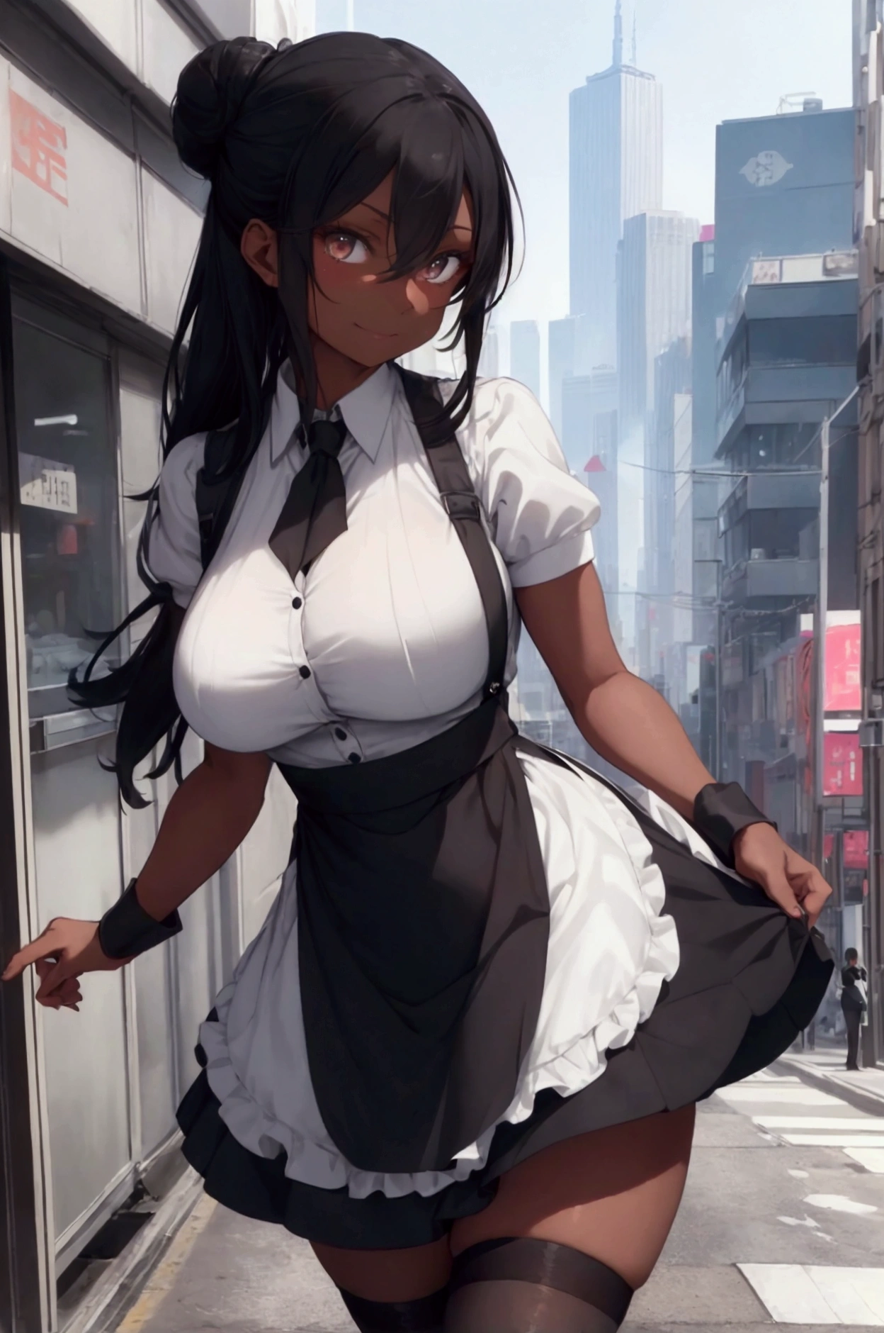 (Isade, 20 years old, 178cm tall, slender build, petite waist, mature and sensual figure, large breasts, plump rear, dark skin tone), (Dark skin color: 1.5), 1girl, standing outside a building during daytime, wearing a classic black and white maid uniform with a short skirt that shows off her shapely legs, low-cut top highlighting her ample cleavage, black stockings and heels, curly black braids tied up in a neat bun, black gloves, and a small apron over the uniform with a white collar and cuffs Expression is a soft, subtle smile as she looks up and towards the viewer, one hand resting on her chin in a thoughtful pose, the other holding a silver pocket watch, surrounded by a business district backdrop with skyscrapers and neon signs Medium to large breasts, small waist, and a curvy bottom, her figure accentuated by the tight fit of the uniform, hair styled in a neat bun with a few loose strands framing her face, makeup subtle yet elegant Detailed focus on the maid outfit, the way it hugs her curves, the apron laced up in the front, the way the skirt flares out slightly when she stands, the heels making her legs look even longer Atmosphere is sleek and professional, yet with a hint of sensuality from the revealing uniform and the way Isade carries herself, looking like a high-class maid who could easily transition into something more... intimate.